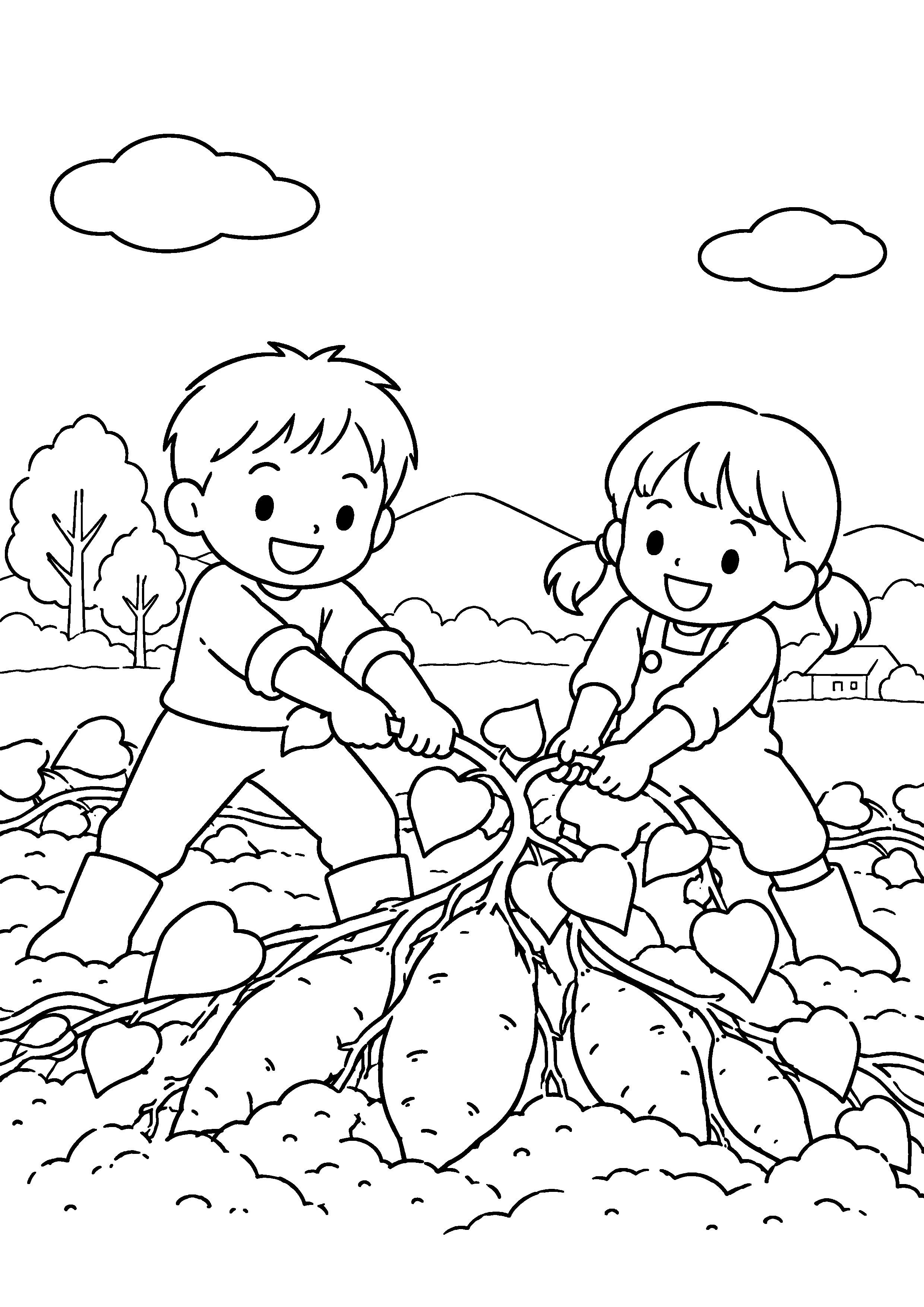 芋掘り後の畑で、子ども二人が太いさつまいものつるを持ち、無理のない力で引き合っている様子を、太く見やすい黒線で描いた高齢者向け塗り絵
