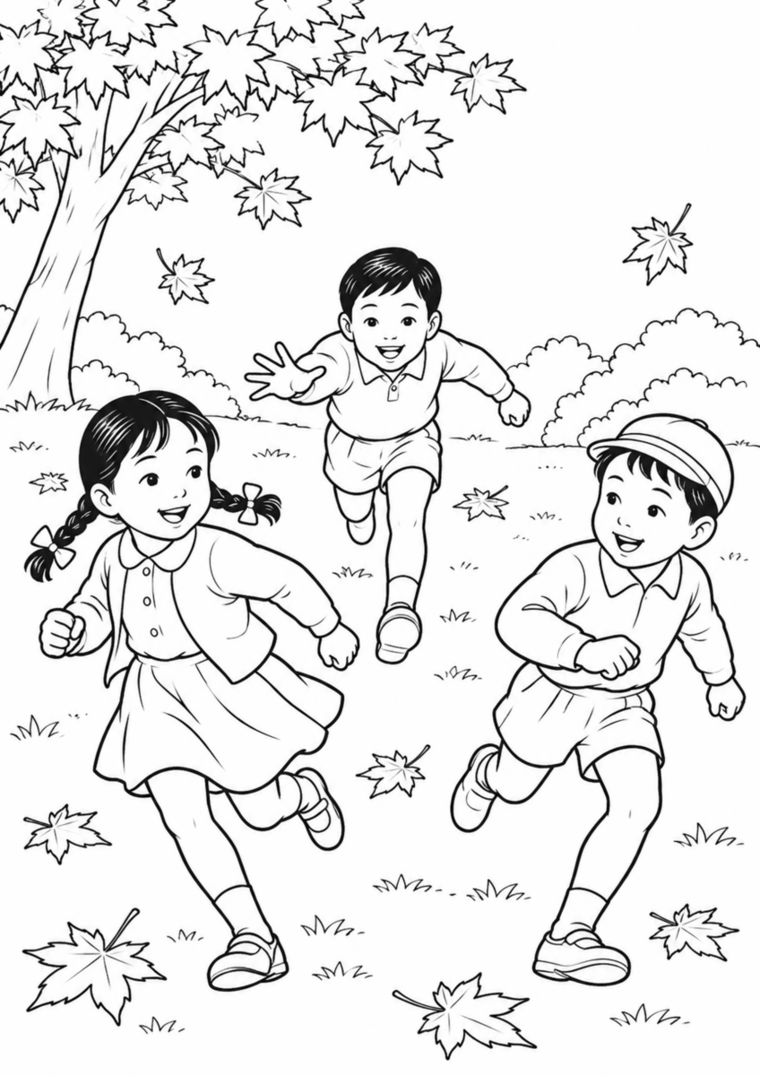 紅葉した広場で、三人の子どもが広い間隔を取り、一人が手を伸ばして友達を追いかけている様子を、太く見やすい黒線で描いた高齢者向け塗り絵