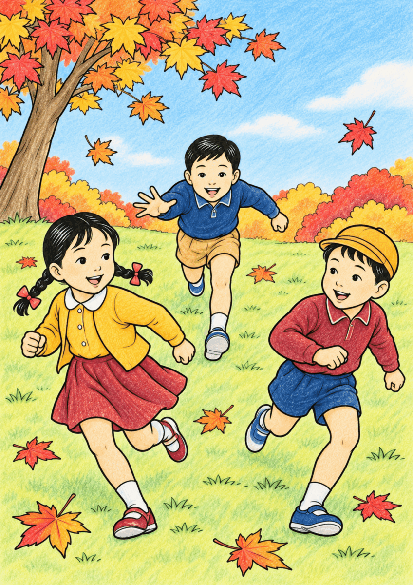 紅葉した広場で、三人の子どもが広い間隔を取り、一人が手を伸ばして友達を追いかけている同じ構図を、赤黄の紅葉、淡い青空、紺、えんじ、からし色の服でやさしく彩った着色見本