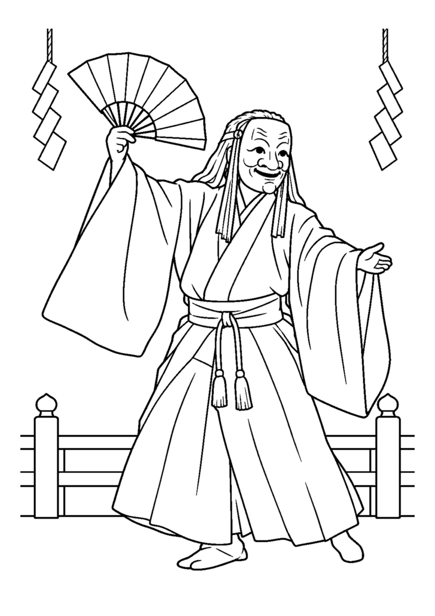 面を付けた舞い手１人が扇を広げる室内の神楽。装飾を簡略化。白黒の高齢者向け塗り絵