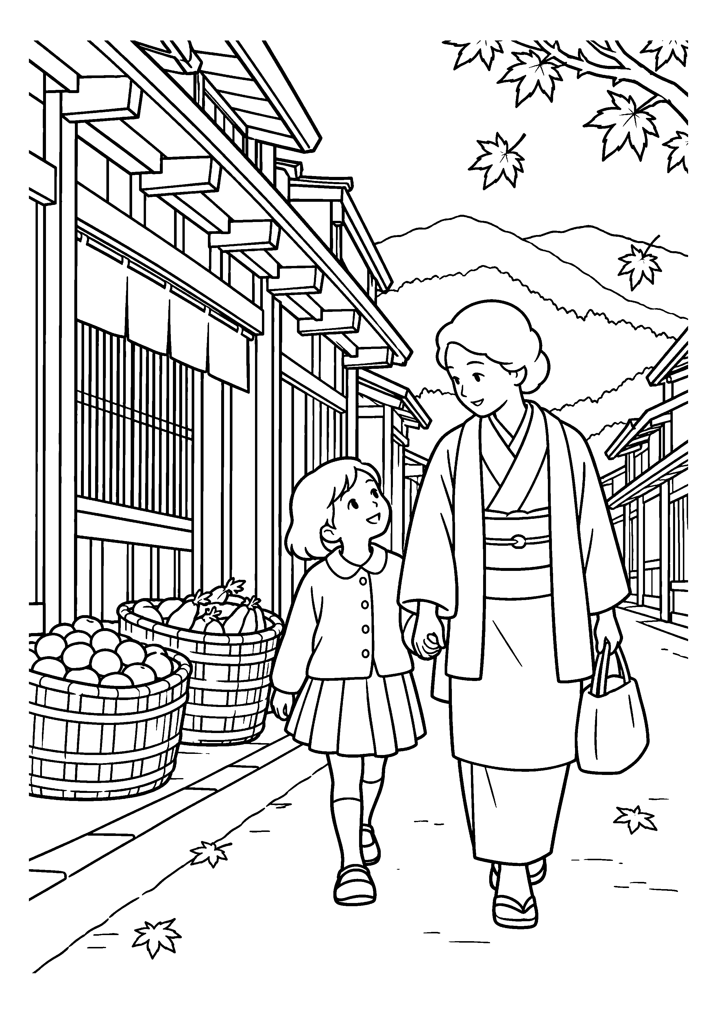 昭和２０年代後半の１１月をイメージした飛騨高山の古い町の通りの白黒塗り絵