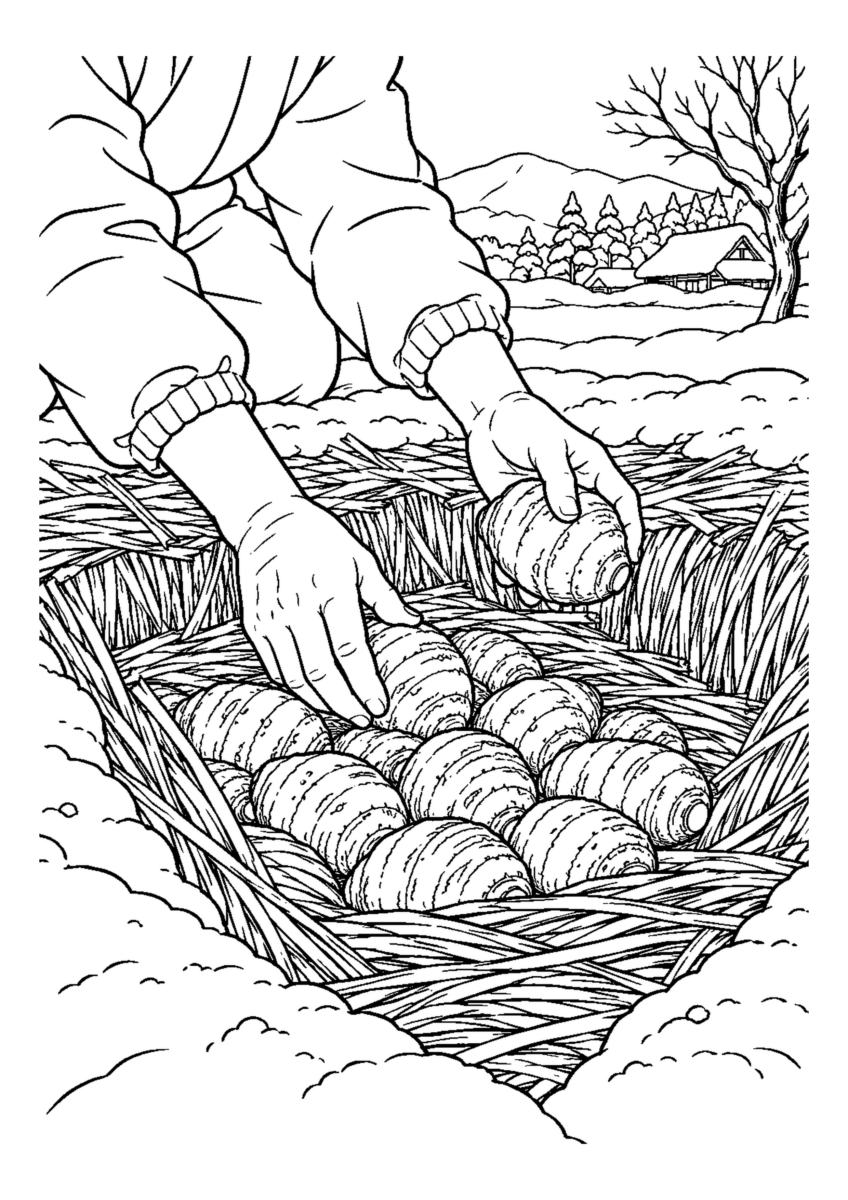 里芋をわら敷きの貯蔵穴へ並べる手元。白黒の高齢者向け塗り絵