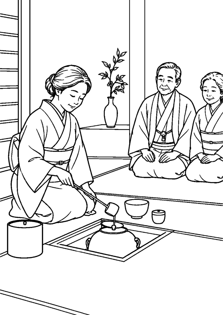 茶室の炉に釜を掛け客へ茶を点てる高齢者向けの白黒塗り絵