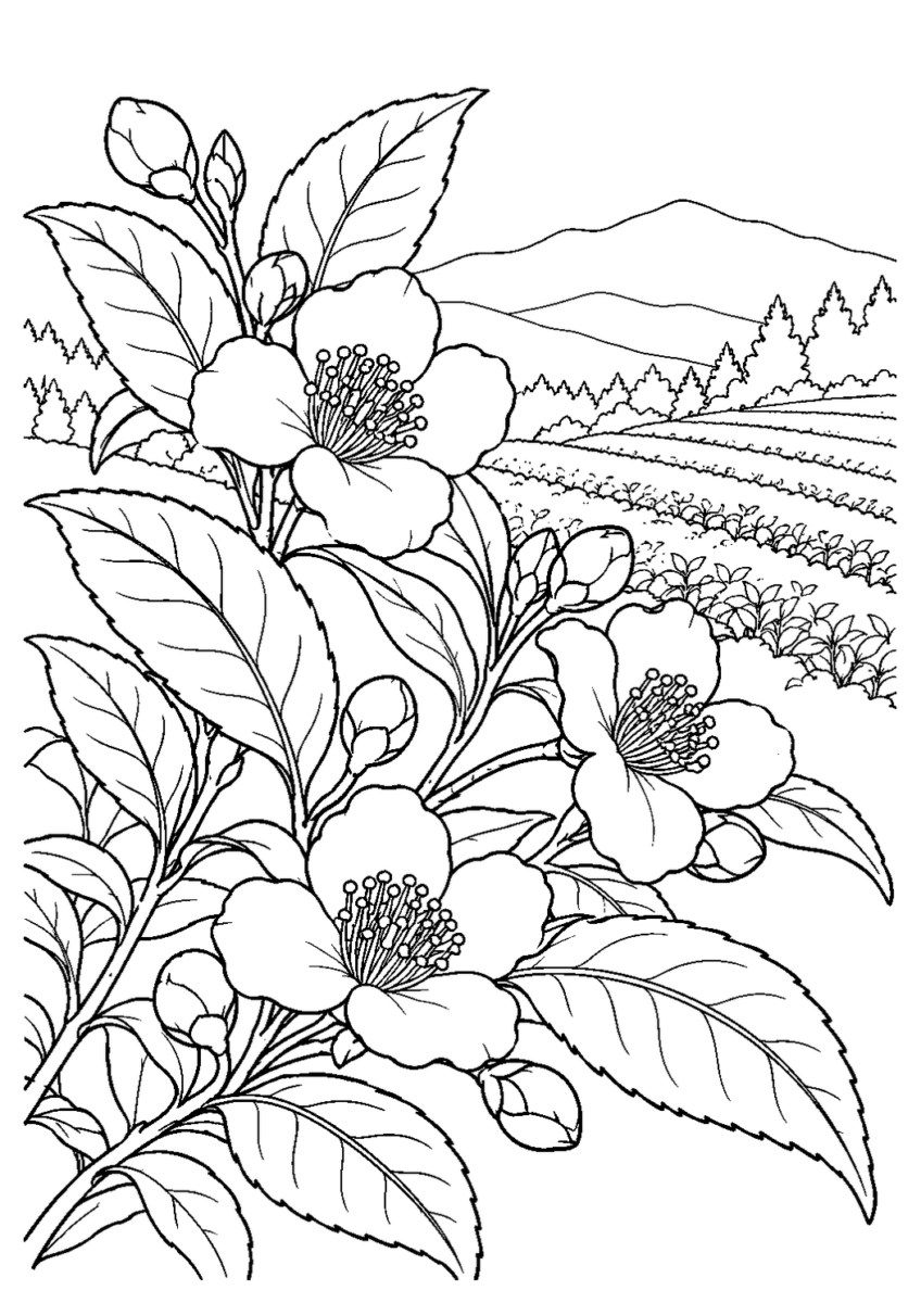 お茶の白い花を10月の場面として描いた高齢者向けの白黒線画塗り絵