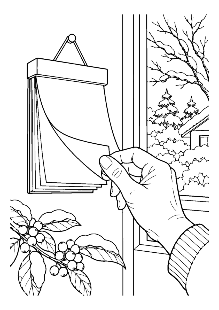 残り少ない日めくり暦と指で一枚めくる手元。白黒の高齢者向け塗り絵