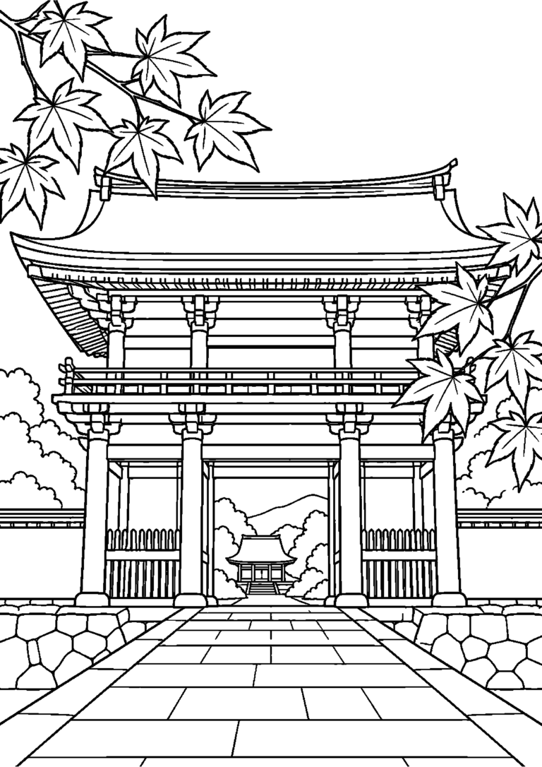 大きな寺の山門を赤いカエデが囲む正面構図高齢者向けの白黒塗り絵