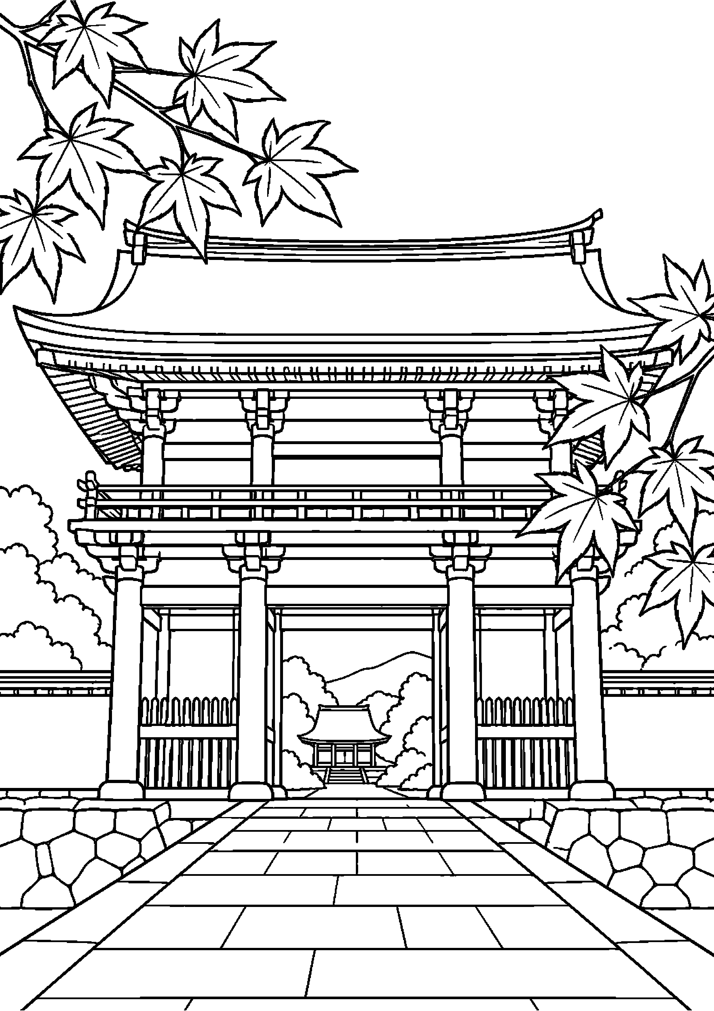 【11月】紅葉の寺山門の塗り絵