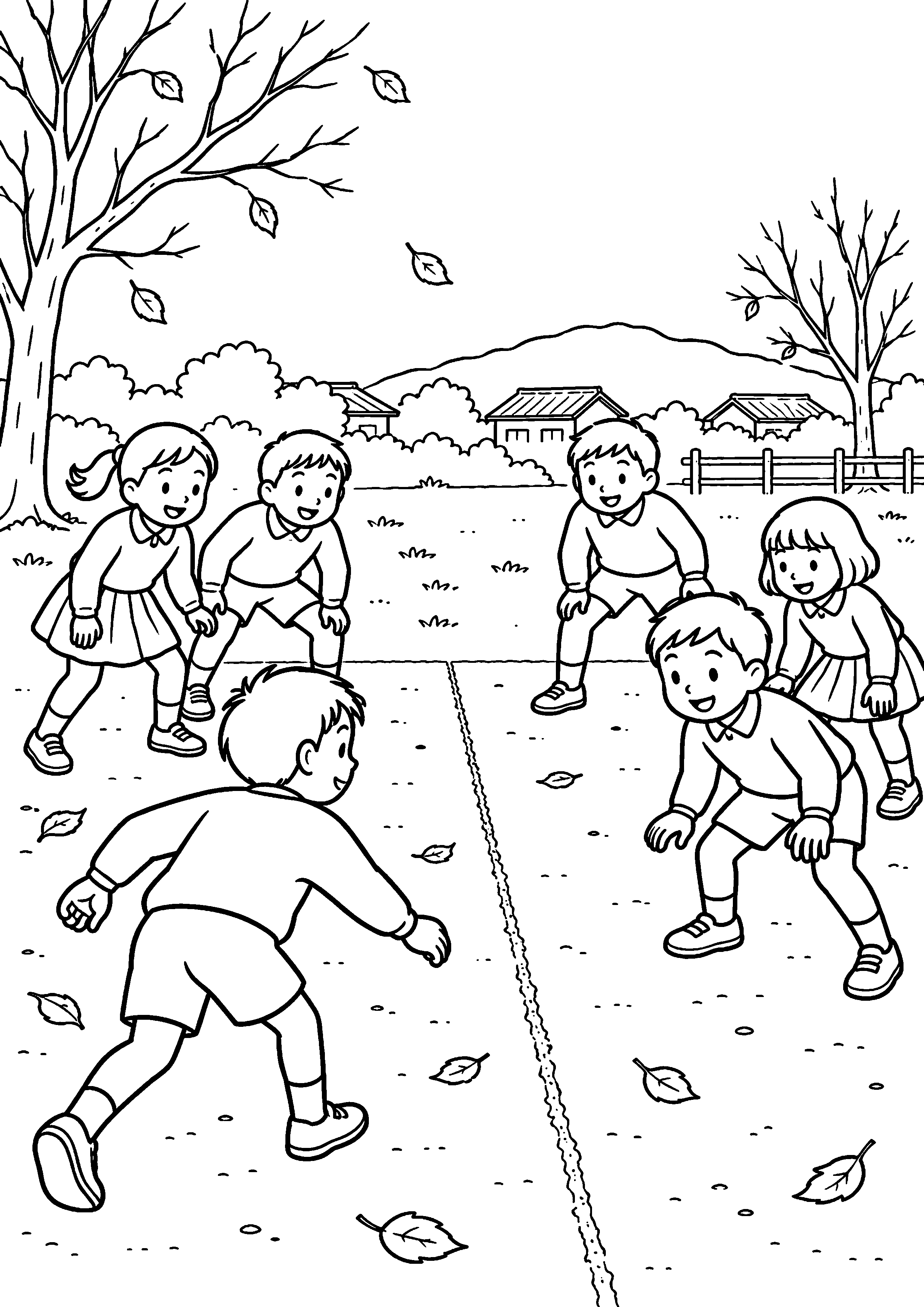 落ち葉の散る空き地で、子どもたちが地面に線を引いた二つの陣地に分かれて遊んでいる様子を、太く見やすい黒線で描いた高齢者向け塗り絵