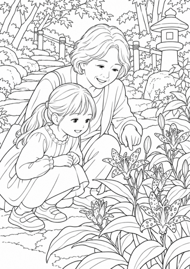 ホトトギスの花を10月の場面として描いた高齢者向けの白黒線画塗り絵