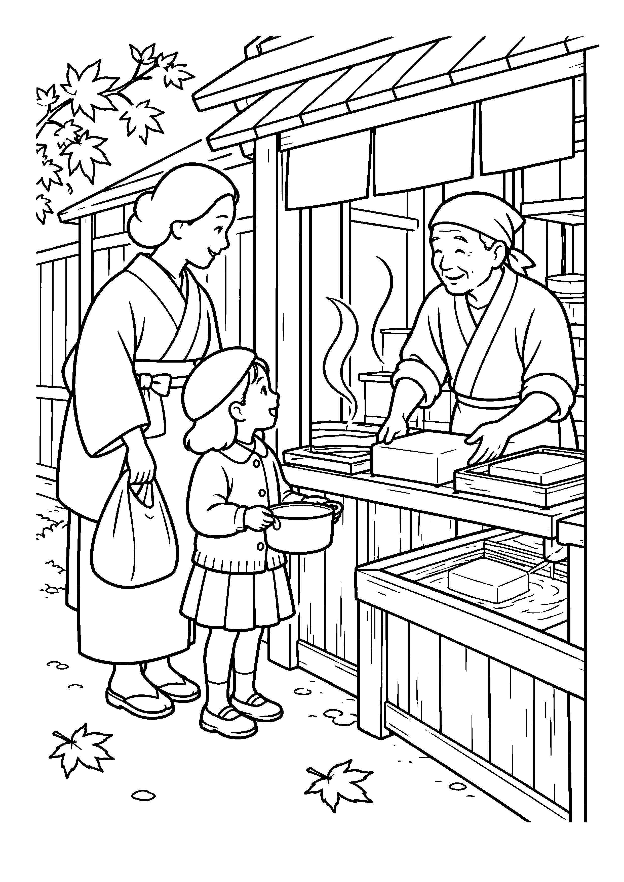 昭和２０年代後半の１１月をイメージした鍋を持って行く豆腐屋の白黒塗り絵