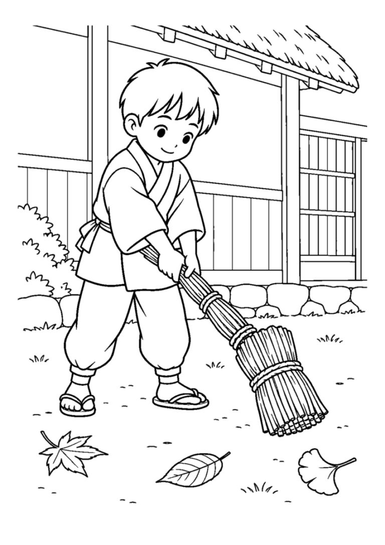 太く束ねたわら鉄砲を両手で持つ子ども1人、農家の庭を背景に。白黒の高齢者向け塗り絵