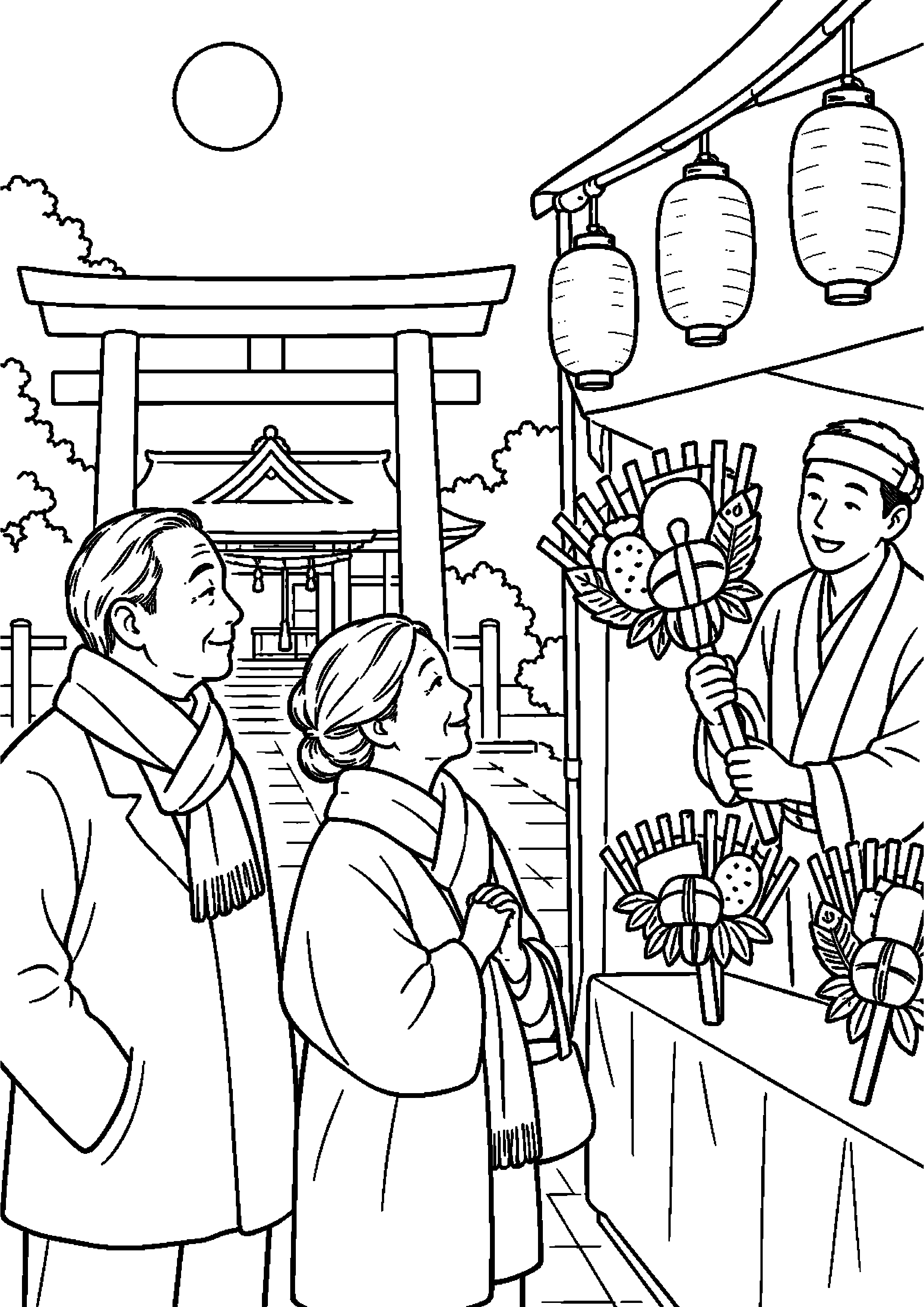 神社の参道に提灯と熊手の露店が並ぶ高齢者向けの白黒塗り絵