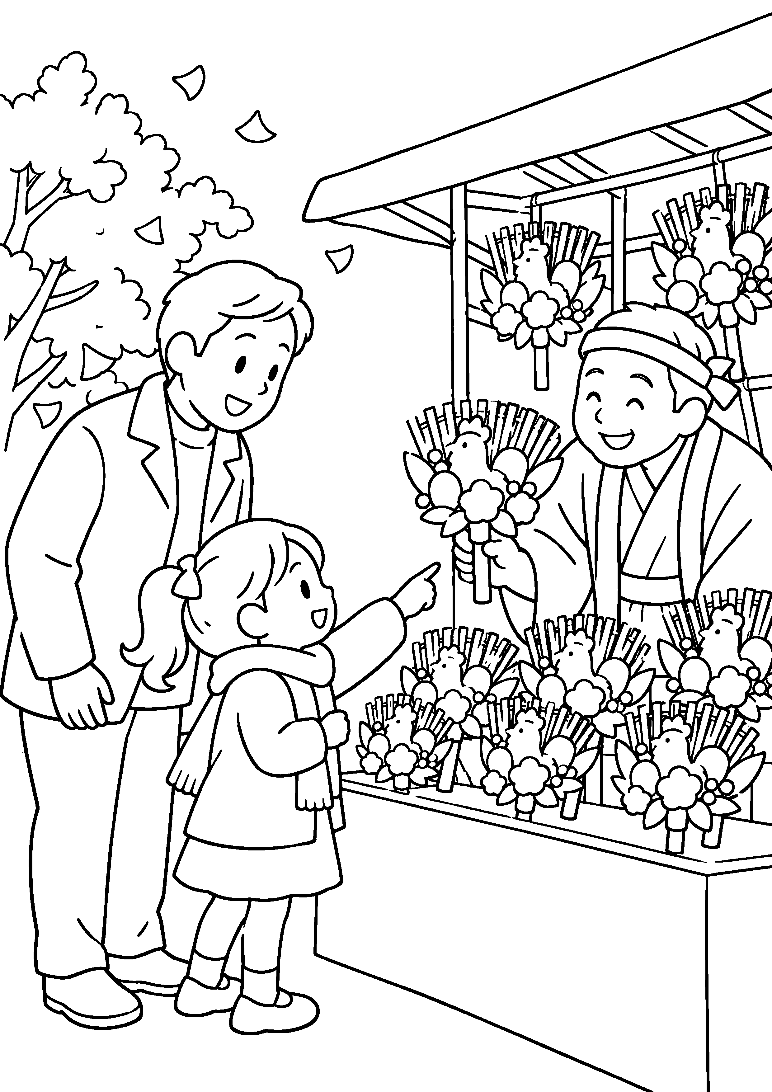 11月の酉の市で、親子が小さな縁起熊手を並べた露店を眺め、一つ選んでいる様子を、太く見やすい黒線で描いた高齢者向け塗り絵