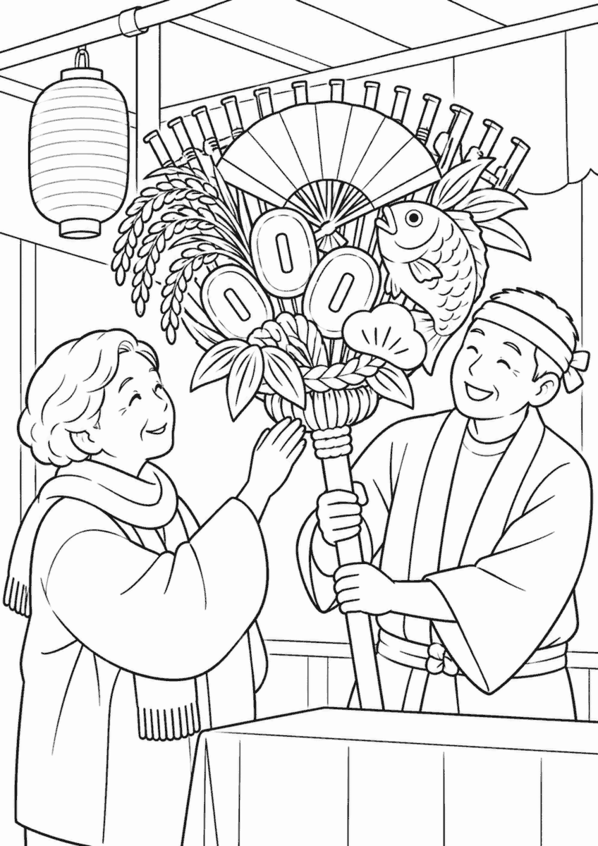 酉の市の露店で高齢女性が縁起熊手を選ぶ11月の白黒線画の塗り絵