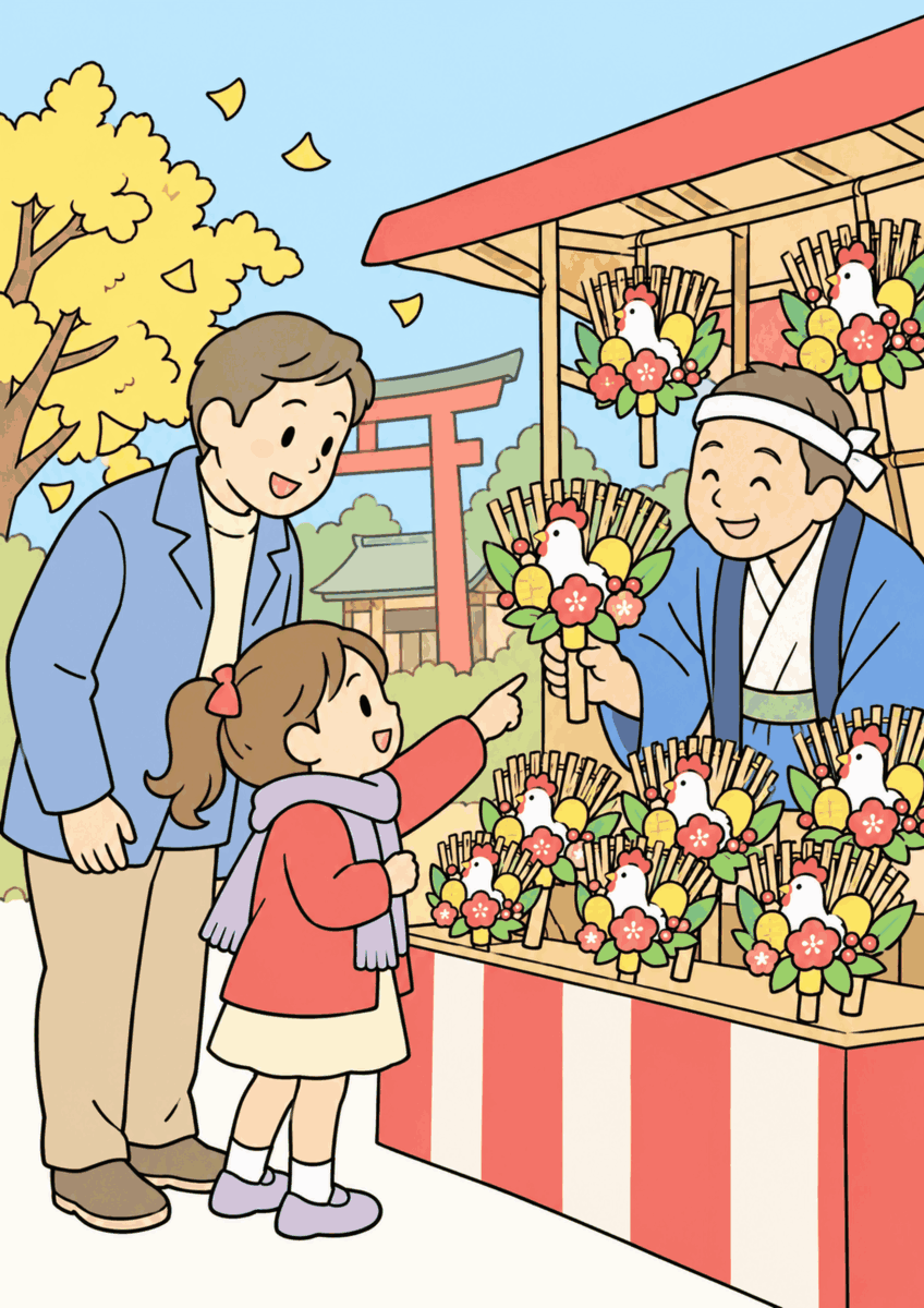11月の酉の市で、親子が小さな縁起熊手を並べた露店を眺め、一つ選んでいる同じ構図を、11月らしい赤、黄、茶、落ち着いた青や緑でやさしく彩った着色見本