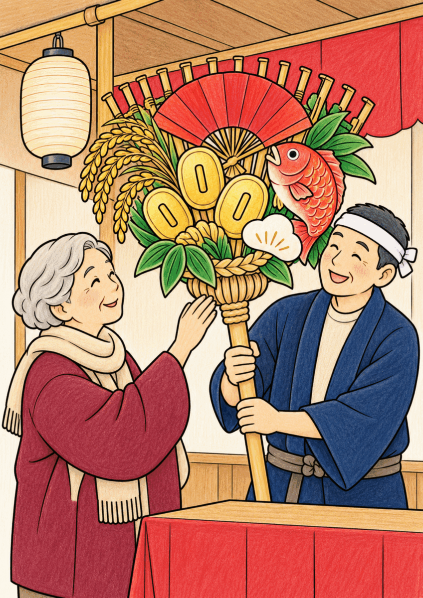 酉の市で熊手を選ぶ場面を秋らしい色で着色した高齢者向け塗り絵の見本