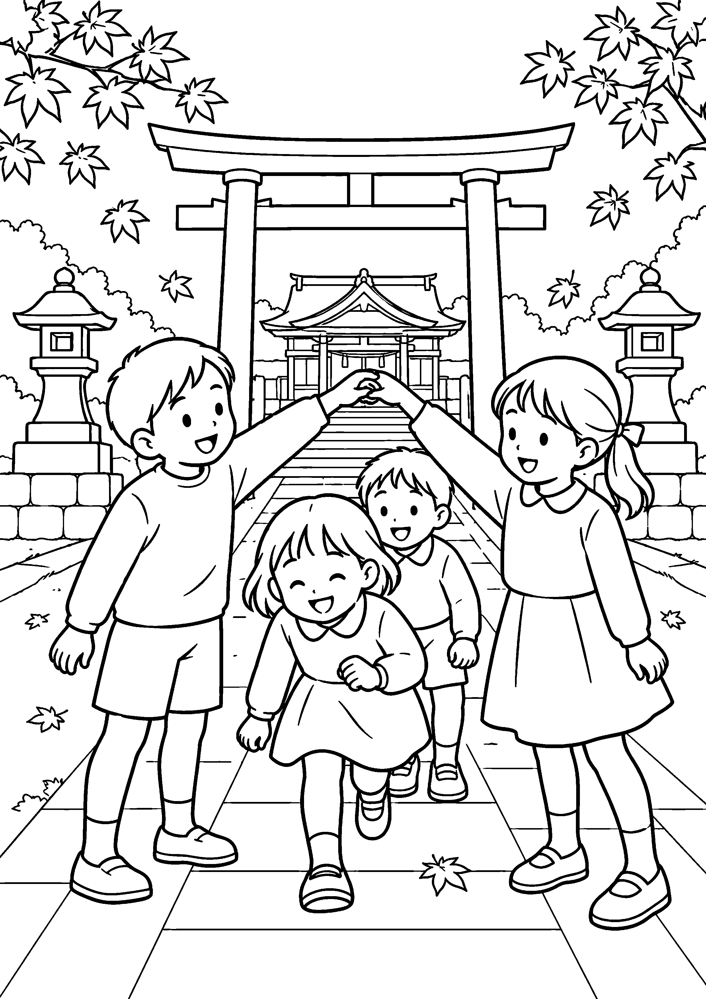 紅葉した神社の参道で、二人の子どもが腕で門を作り、ほかの子どもが歌いながら下を通っている様子を、太く見やすい黒線で描いた高齢者向け塗り絵