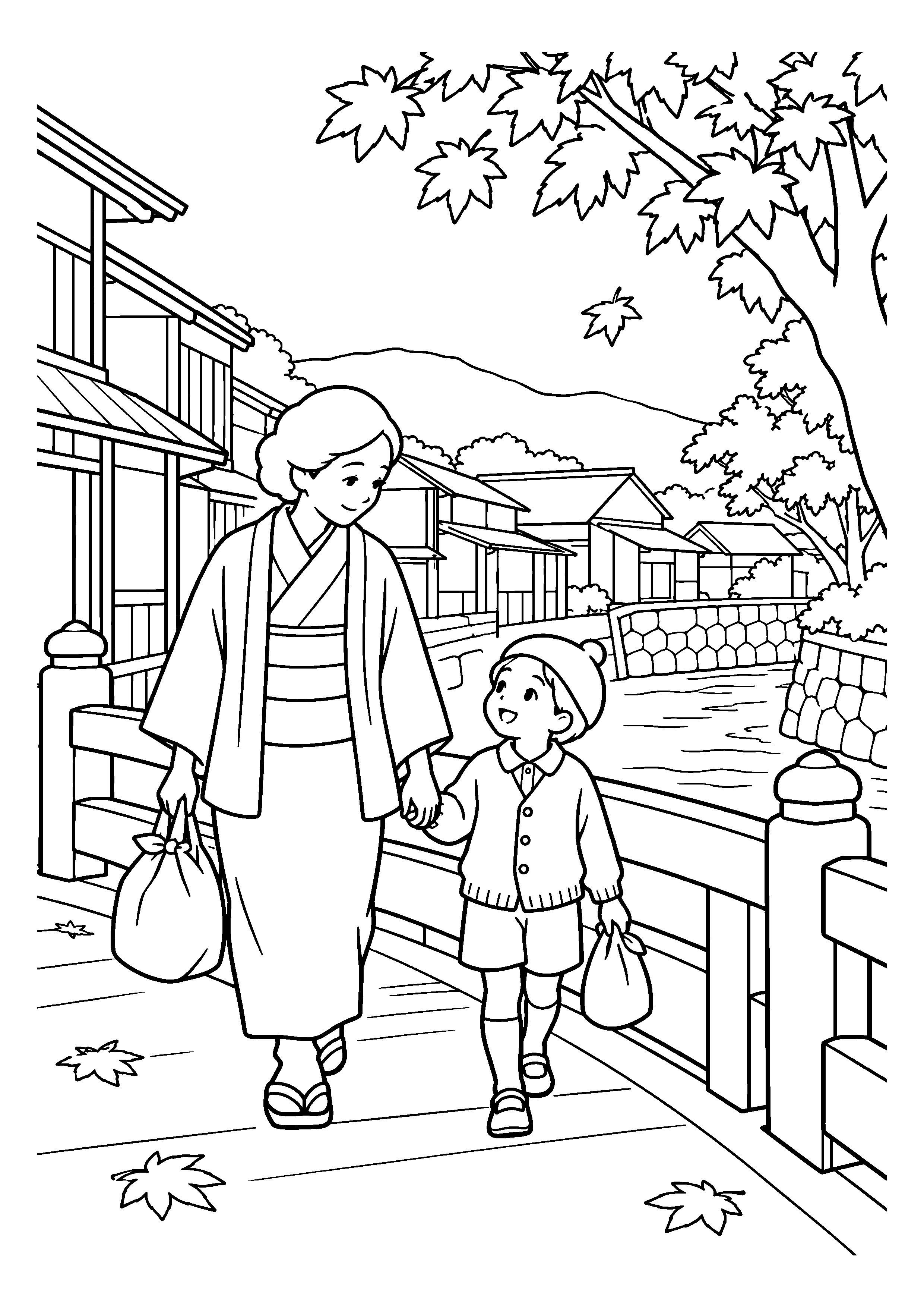 【１１月】橋を渡る買い物帰りの塗り絵