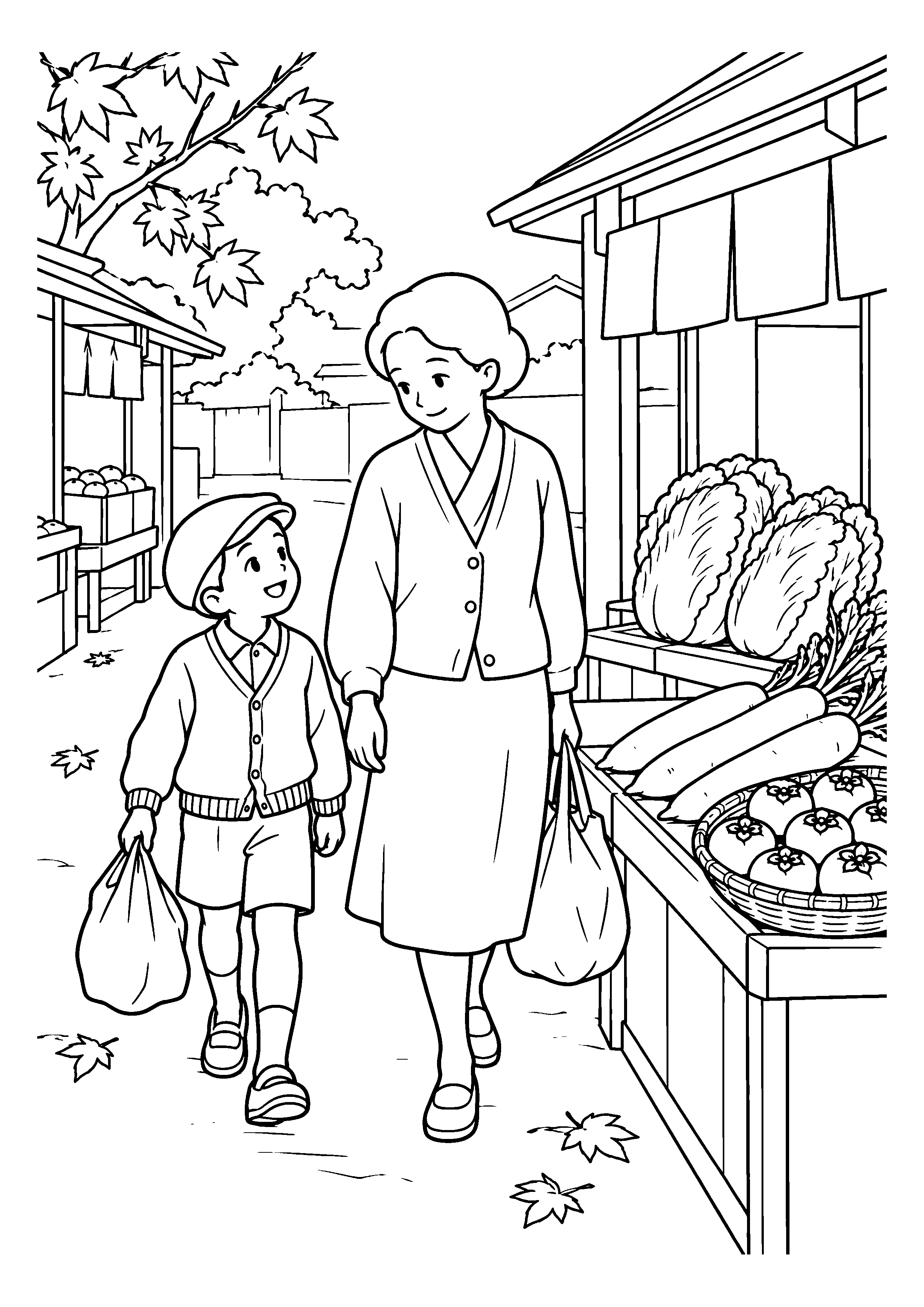 【１１月】町の市場の買い物の塗り絵