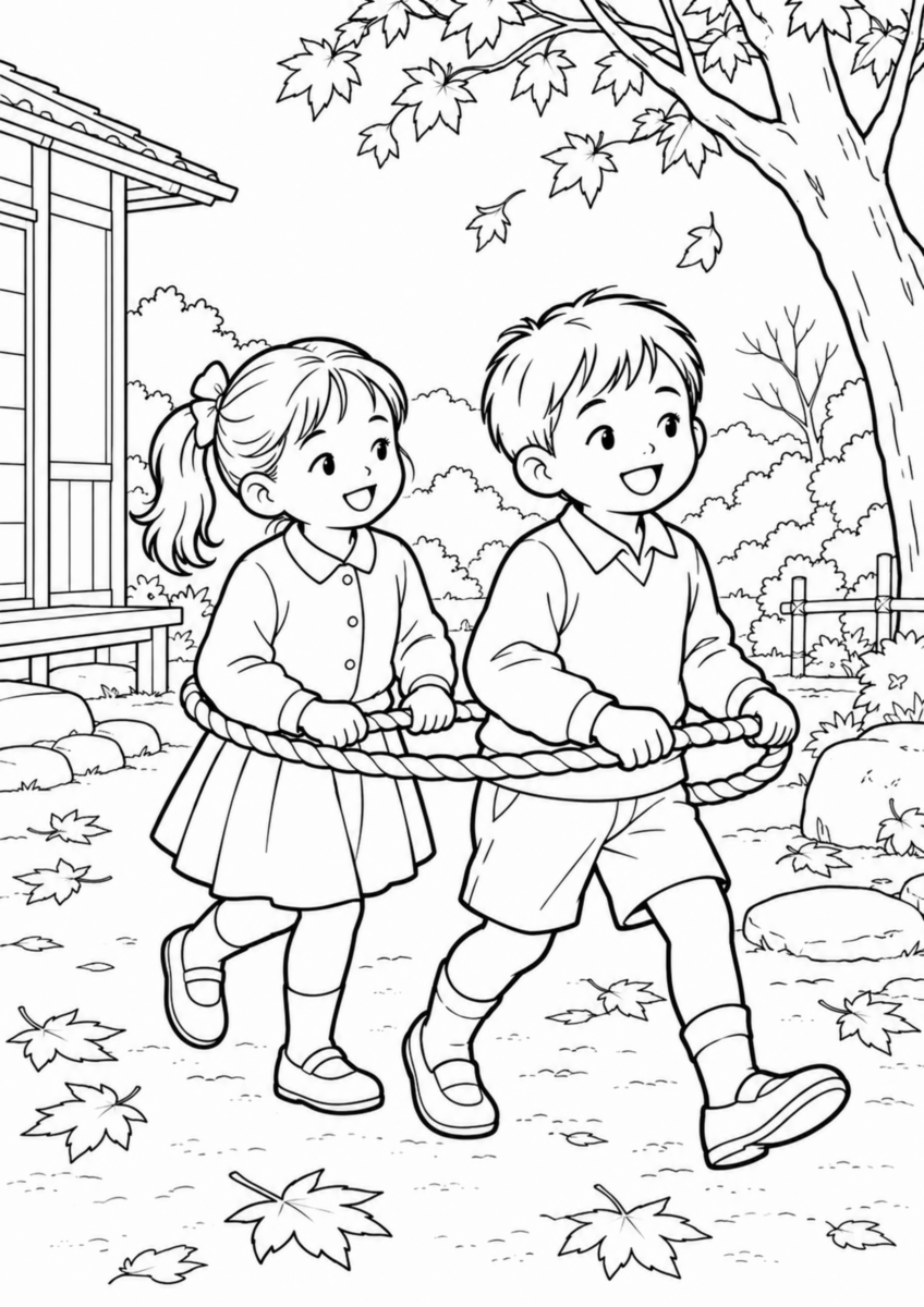 落ち葉のある庭で、二人の子どもが輪にした太いひもへ一緒に入り、前後に並んで電車のまねをしている様子を、太く見やすい黒線で描いた高齢者向け塗り絵