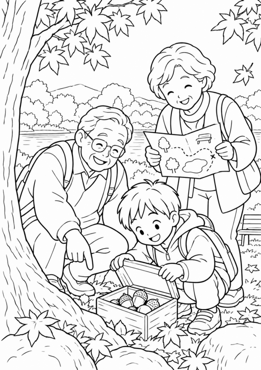 紅葉した公園で、祖父母と孫が簡単な手描き地図を見ながら、大きなどんぐりの入った小箱を探している様子を、太く見やすい黒線で描いた高齢者向け塗り絵