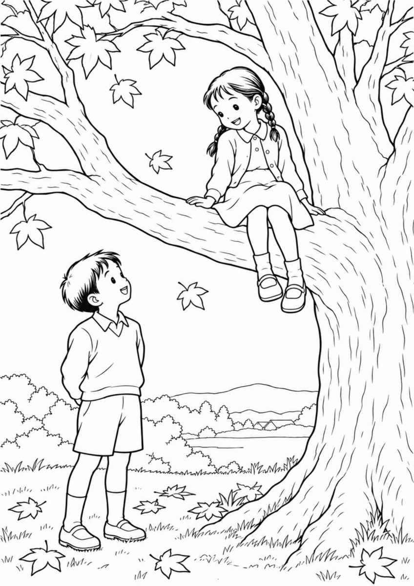 太く低い枝のある木で、一人の子どもが低い枝に腰掛け、もう一人が幹のそばから見上げている様子を、太く見やすい黒線で描いた高齢者向け塗り絵