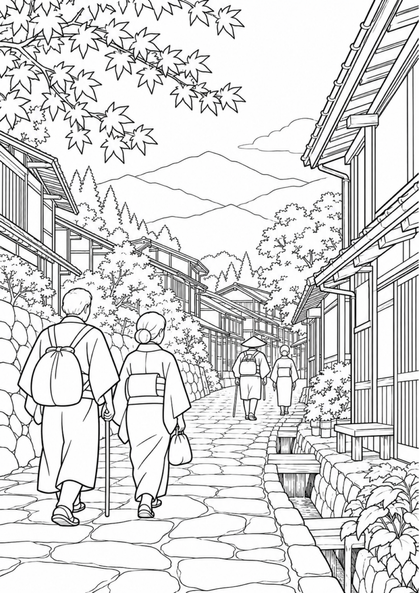 妻籠宿の秋を10月の場面として描いた高齢者向けの白黒線画塗り絵
