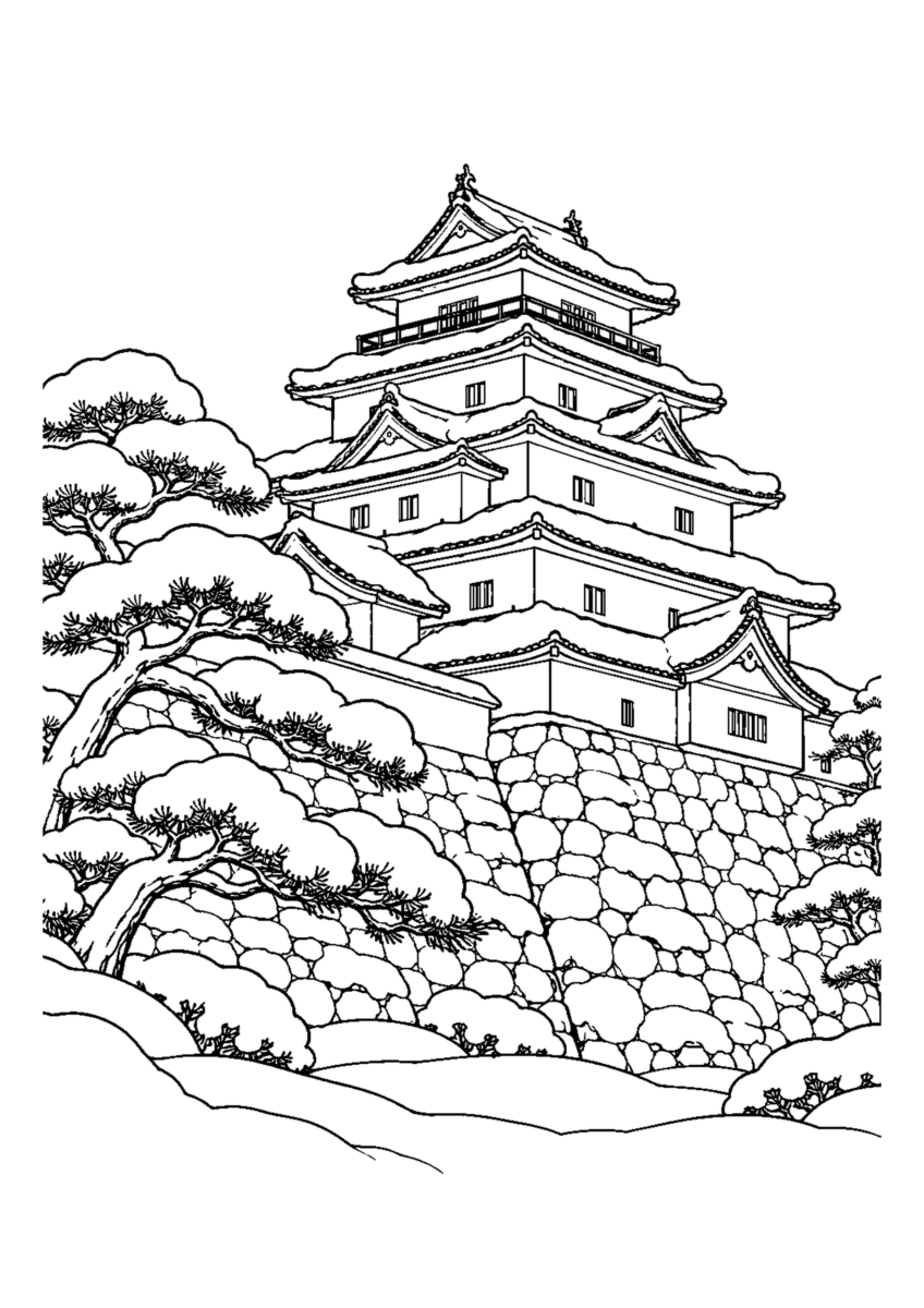 赤瓦の天守に雪、松と石垣。白黒の高齢者向け塗り絵