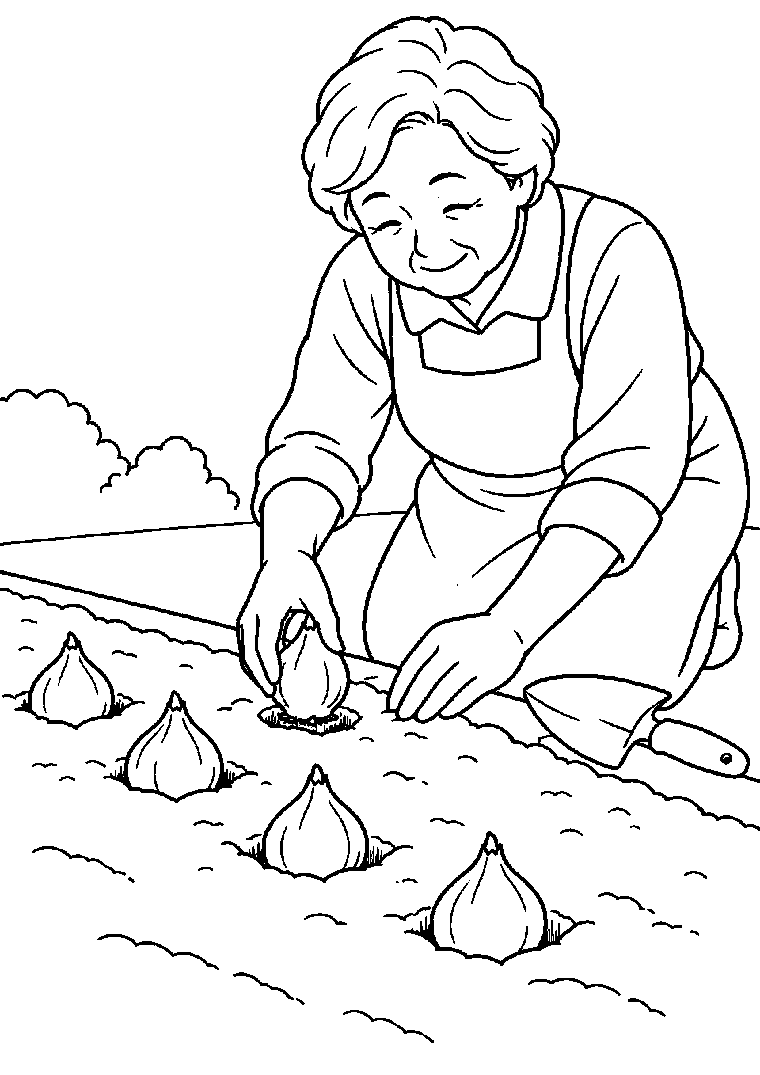 花壇に大きな球根を等間隔で植える高齢者向けの白黒塗り絵