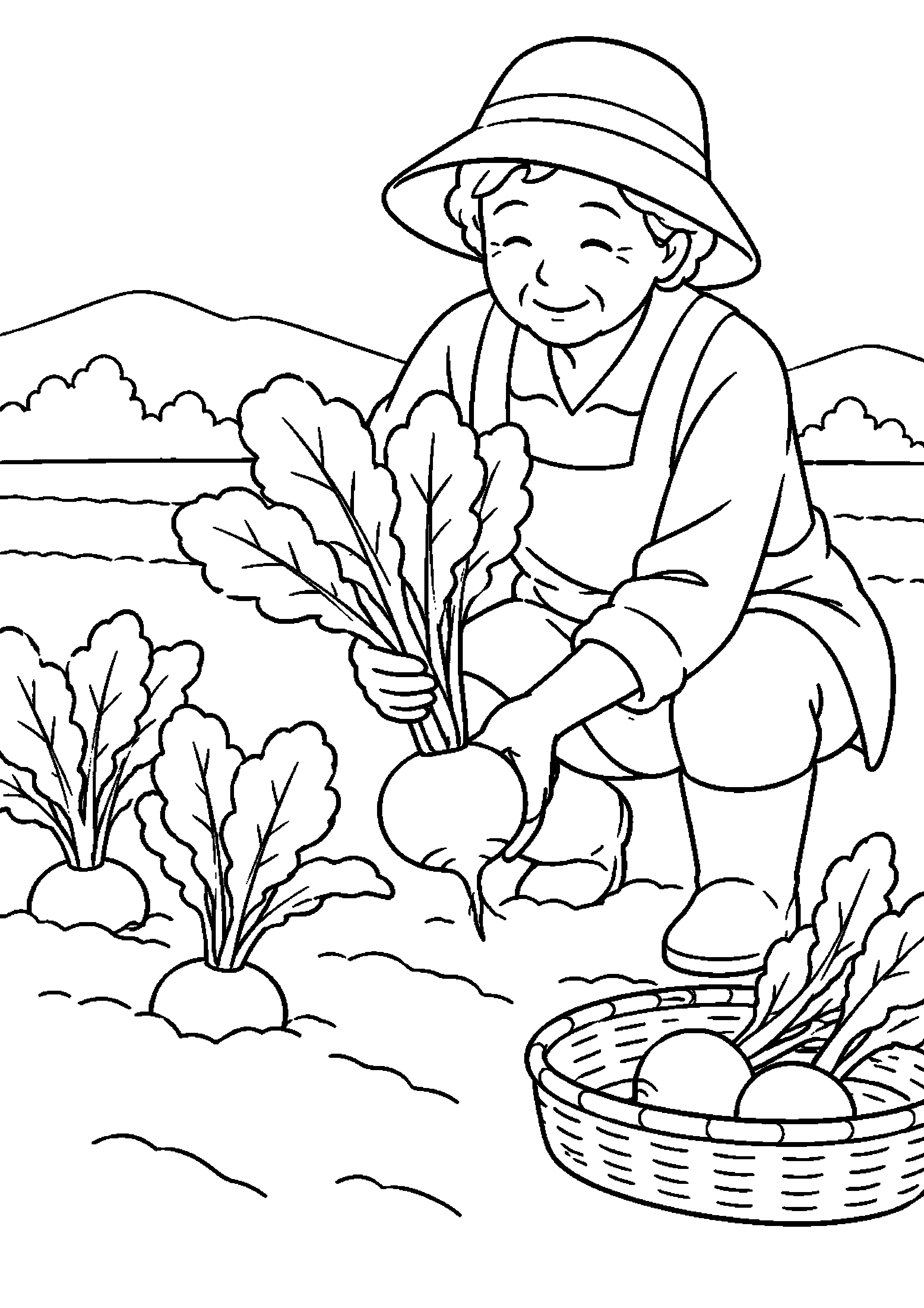 畑から葉付きのかぶを抜きかごへ入れる高齢者向けの白黒塗り絵