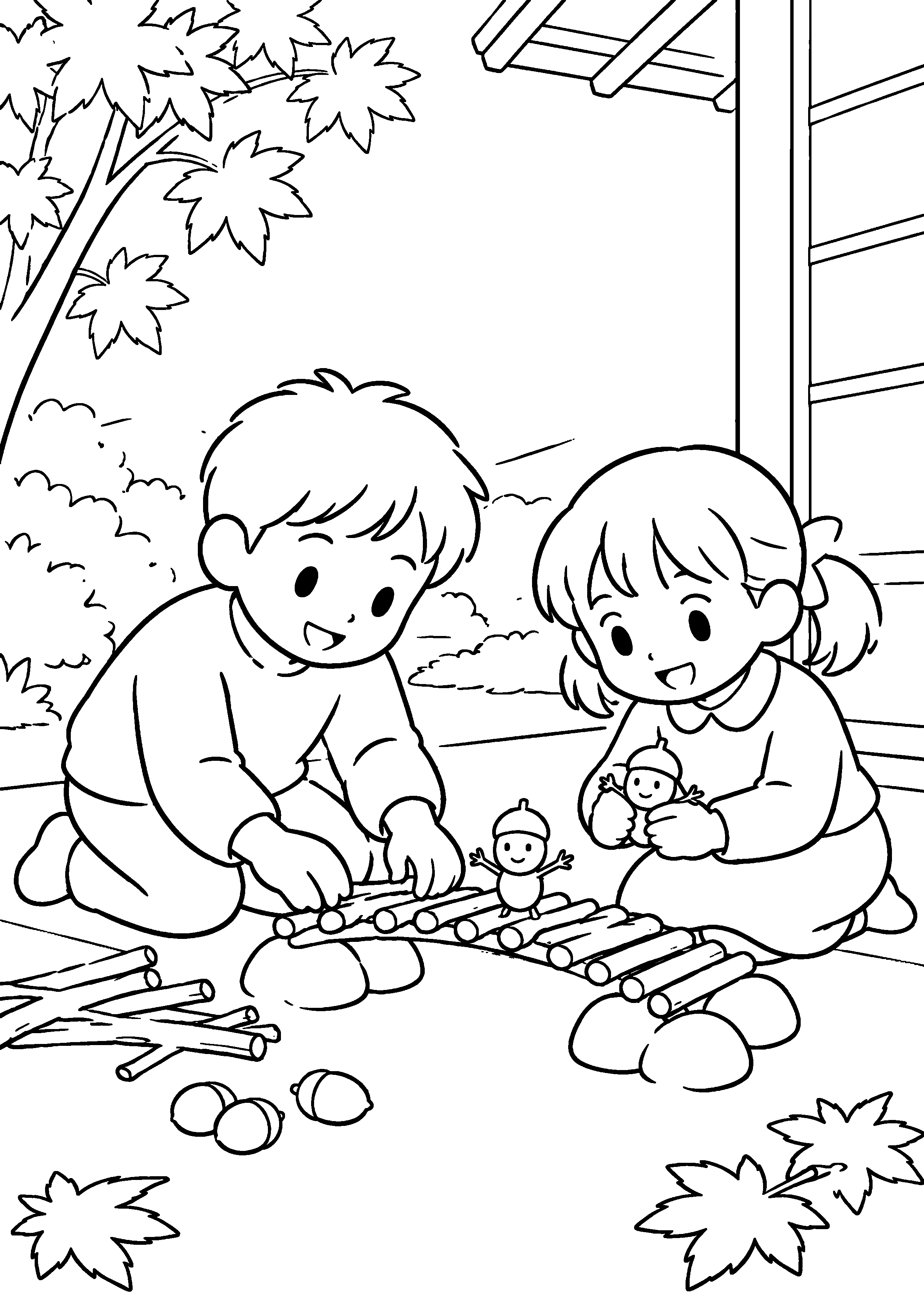 秋の縁側で、兄妹が太めの小枝を並べ、どんぐり人形が渡れる小さな橋を作っている様子を、太く見やすい黒線で描いた高齢者向け塗り絵