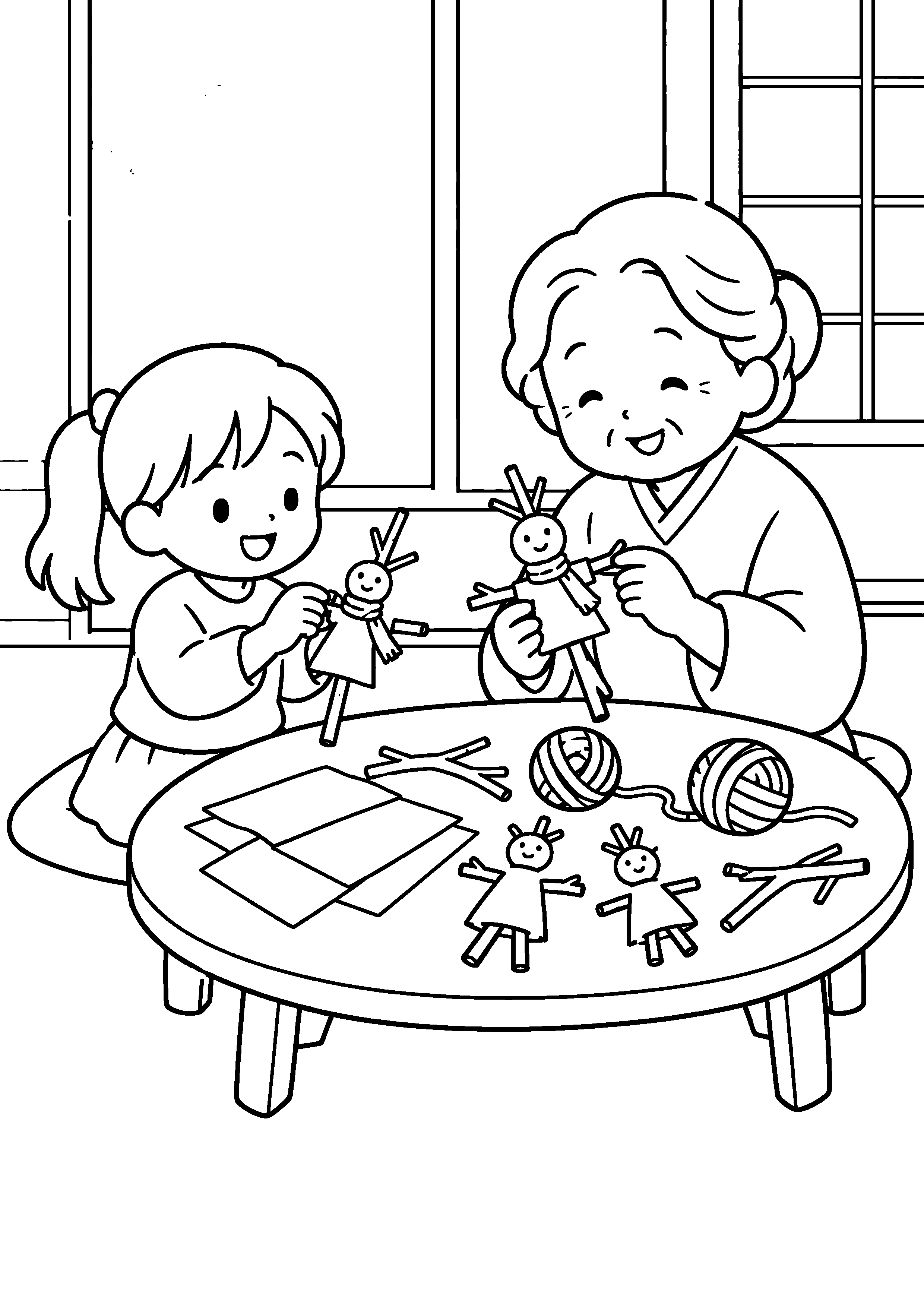昭和のちゃぶ台で、祖母と子どもが小枝に紙の服と毛糸をつけ、家族の人形を作っている様子を、太く見やすい黒線で描いた高齢者向け塗り絵
