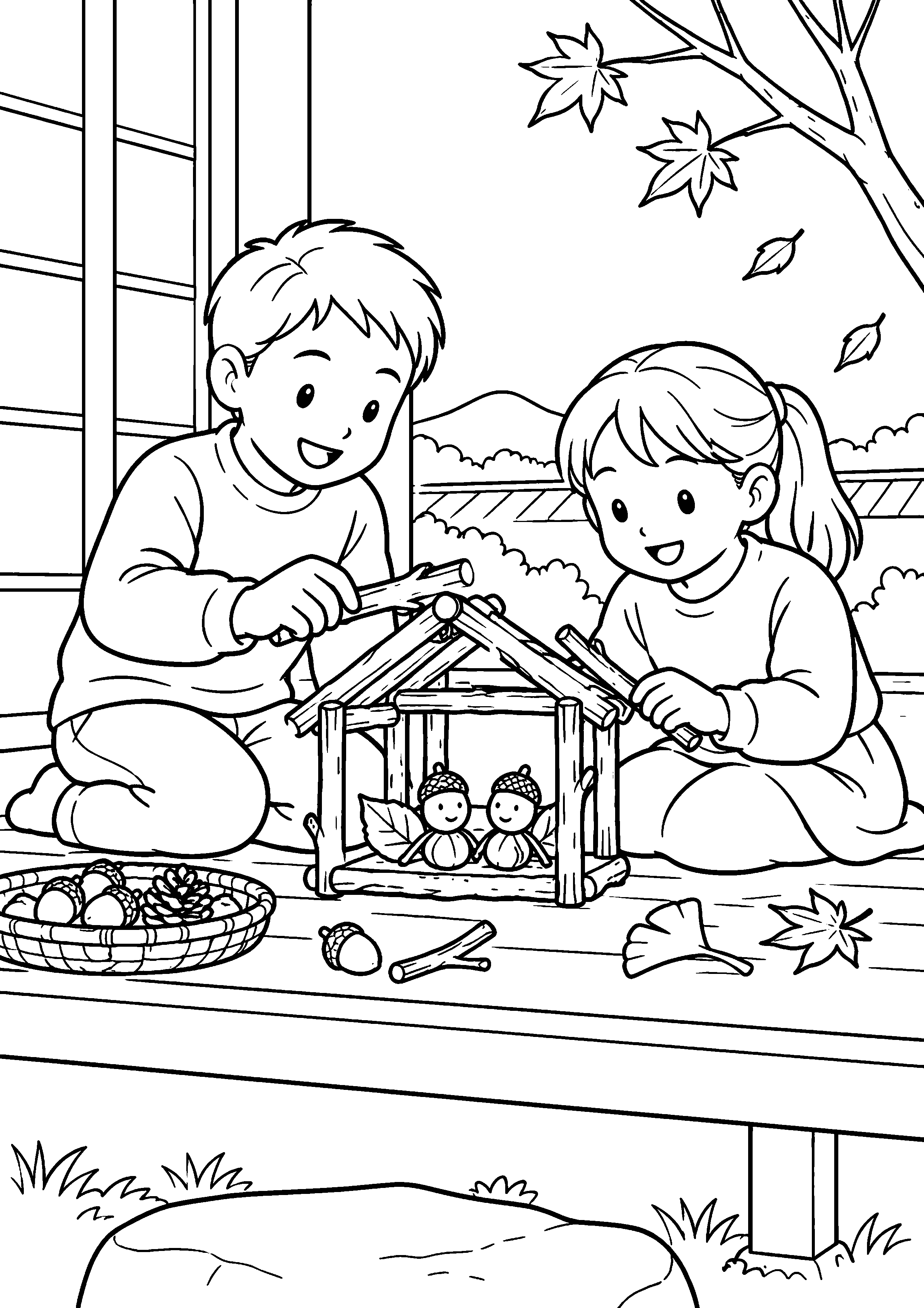 秋の縁側で、兄妹が太めの小枝を組み、木の実の人形が入る小さな家を作っている様子を、太く見やすい黒線で描いた高齢者向け塗り絵