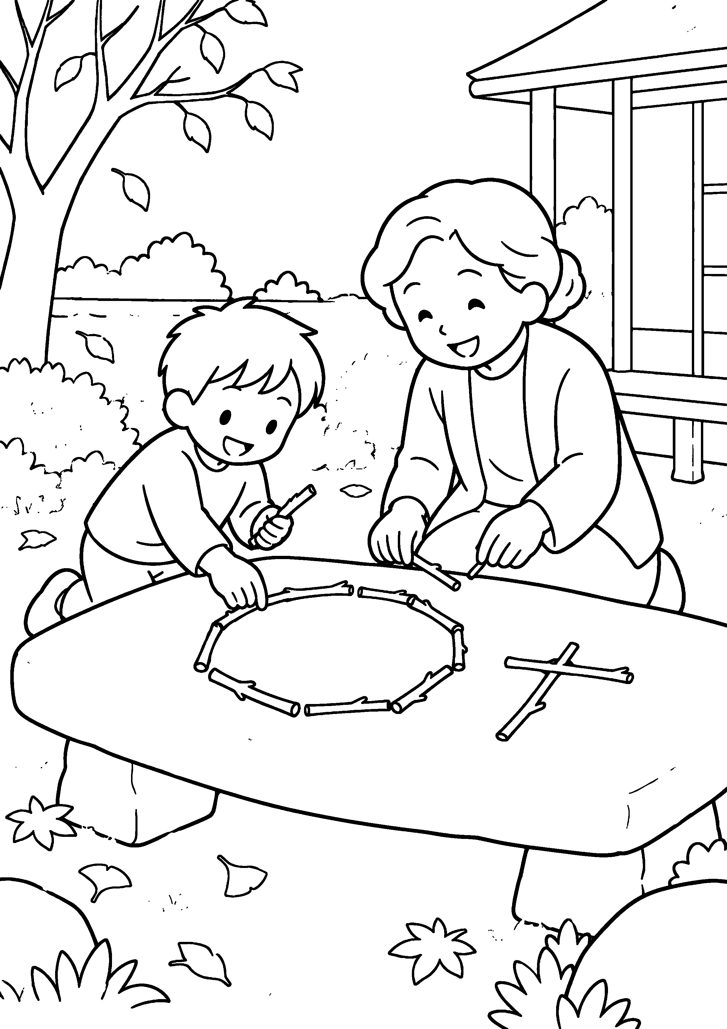 晩秋の庭の台で、親子が短い小枝を並べて、大きな丸や簡単な文字の形を作っている様子を、太く見やすい黒線で描いた高齢者向け塗り絵