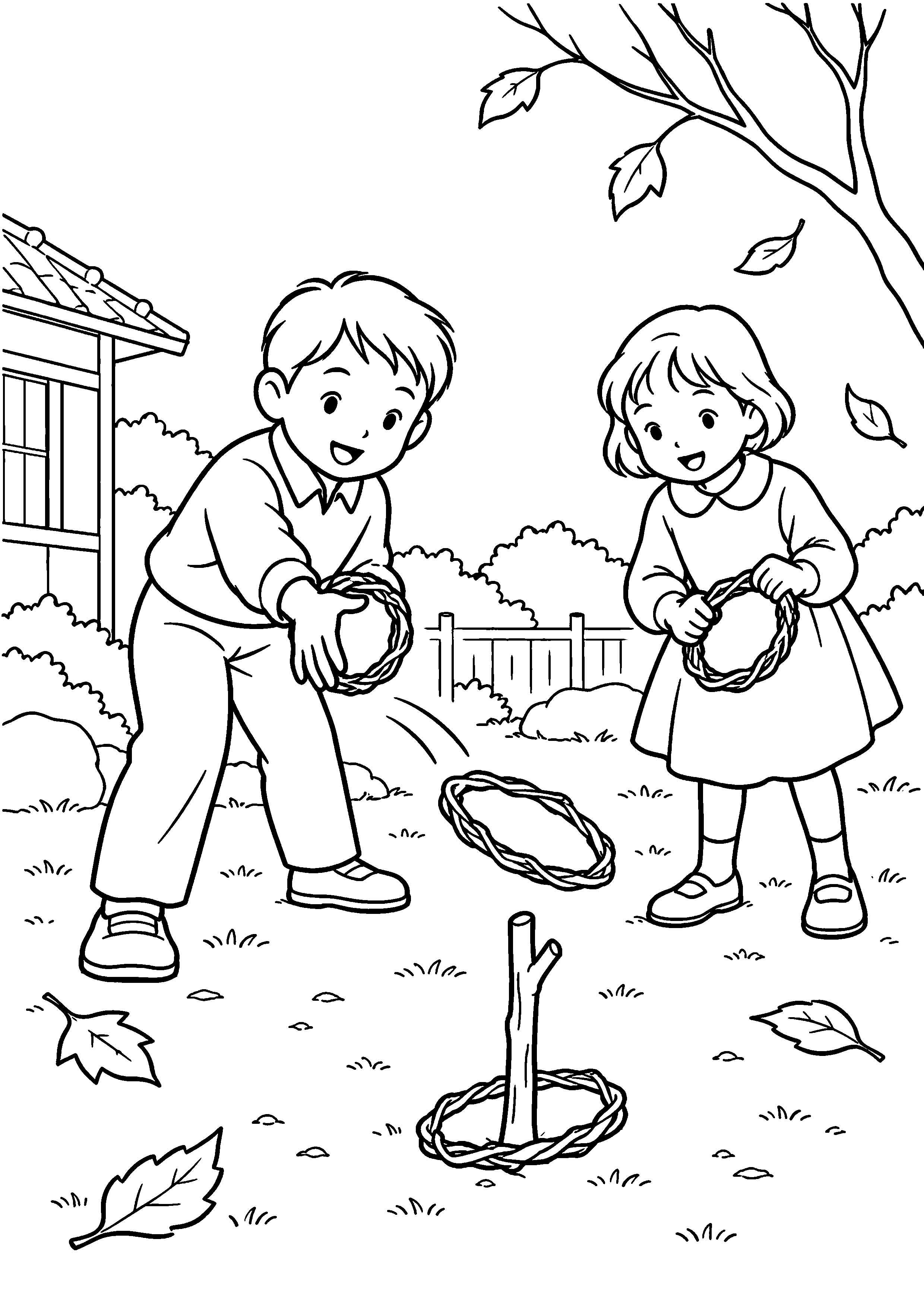 晩秋の庭で、二人の子どもが地面に立てた短い小枝へ、つるで作った輪を投げている様子を、太く見やすい黒線で描いた高齢者向け塗り絵