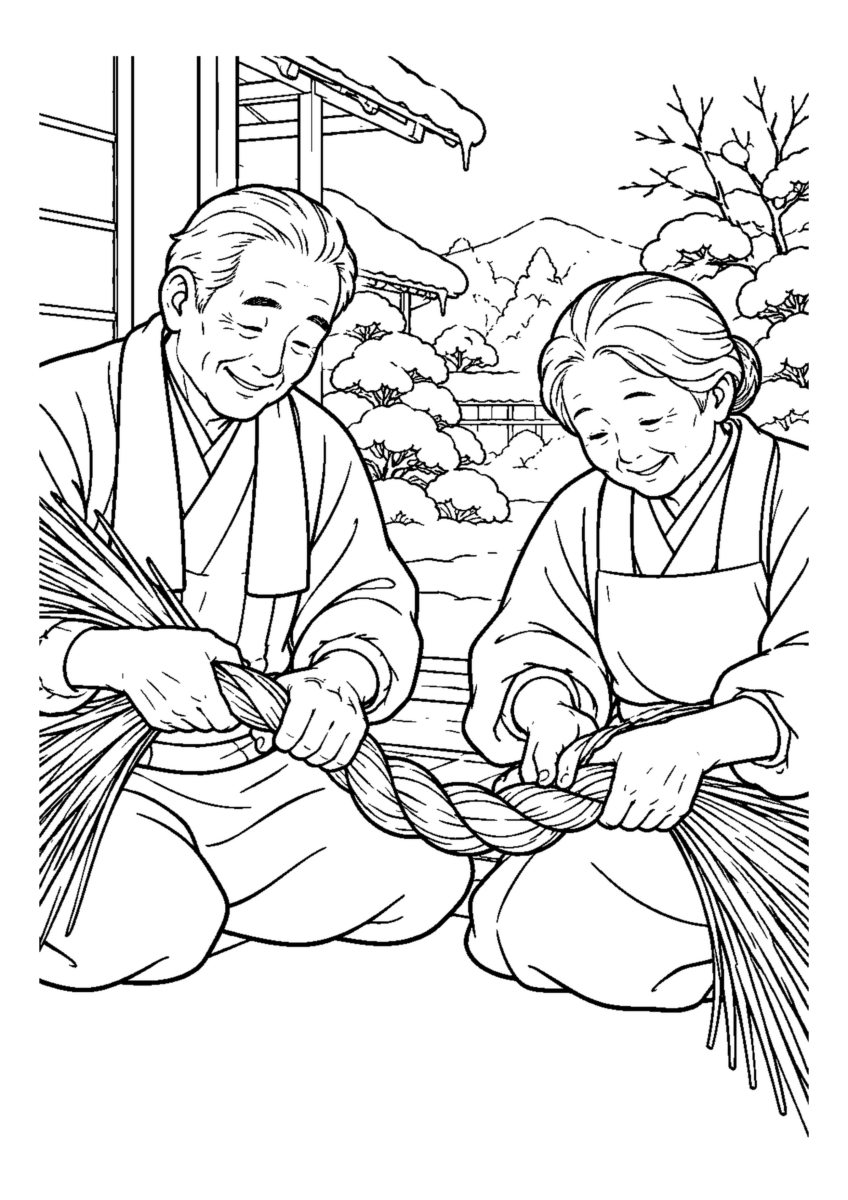 太い稲わらを2人でより合わせる手元。白黒の高齢者向け塗り絵