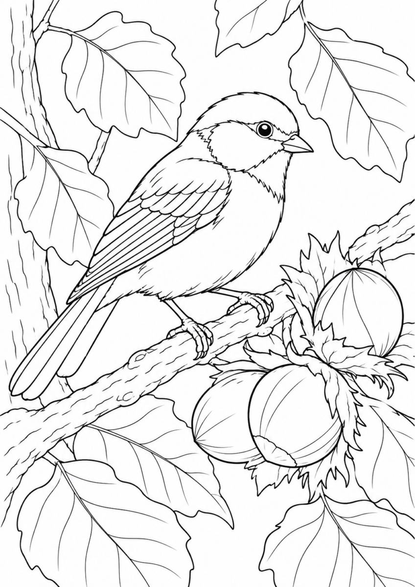 木の実を探すヤマガラを10月の場面として描いた高齢者向けの白黒線画塗り絵