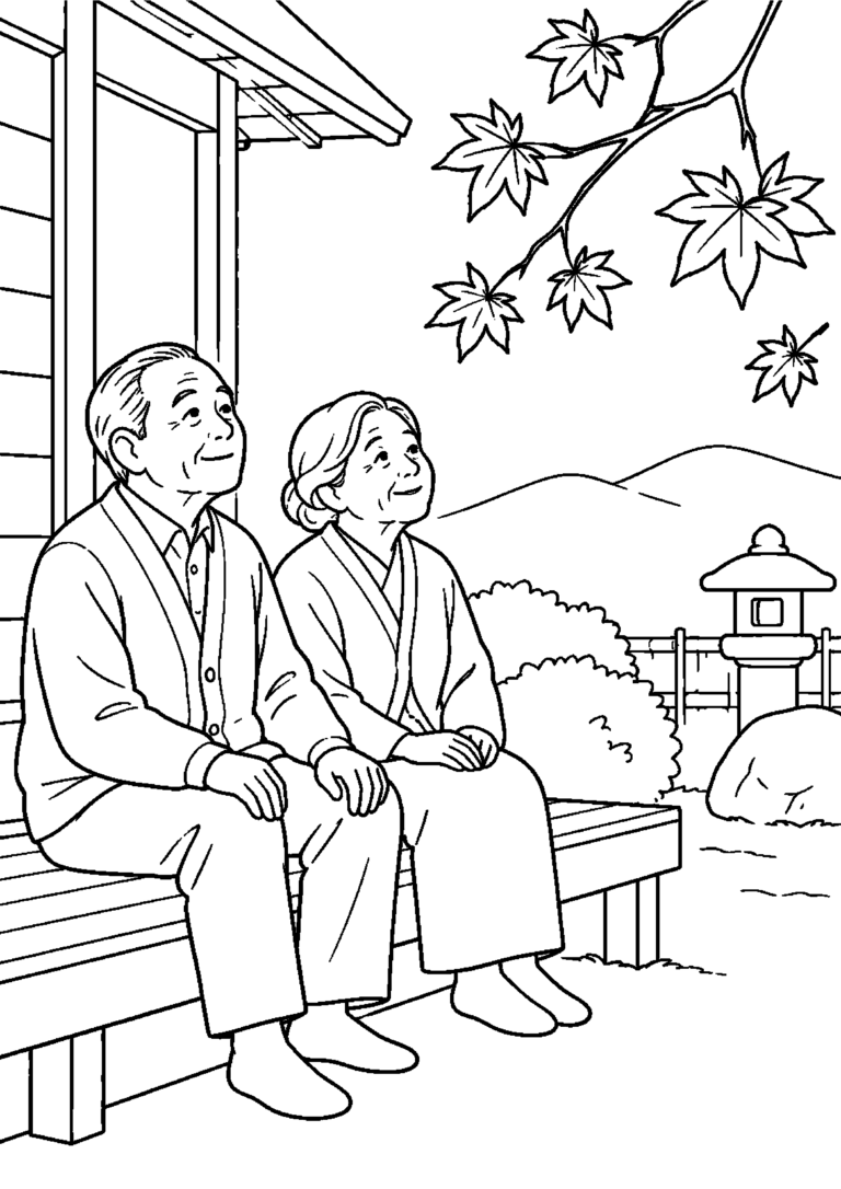 縁側に座る高齢者が庭の紅葉を眺める高齢者向けの白黒塗り絵