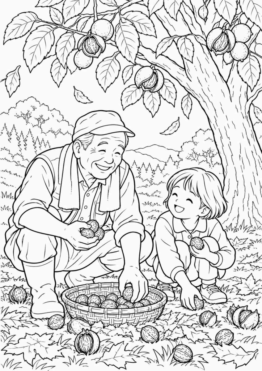【１０月】くるみ拾いの塗り絵