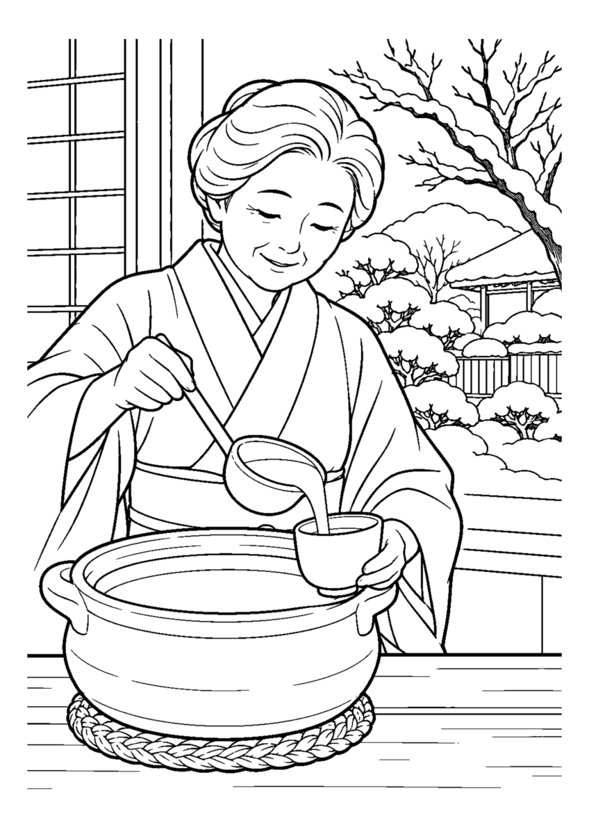【１２月】甘酒を温めるの塗り絵