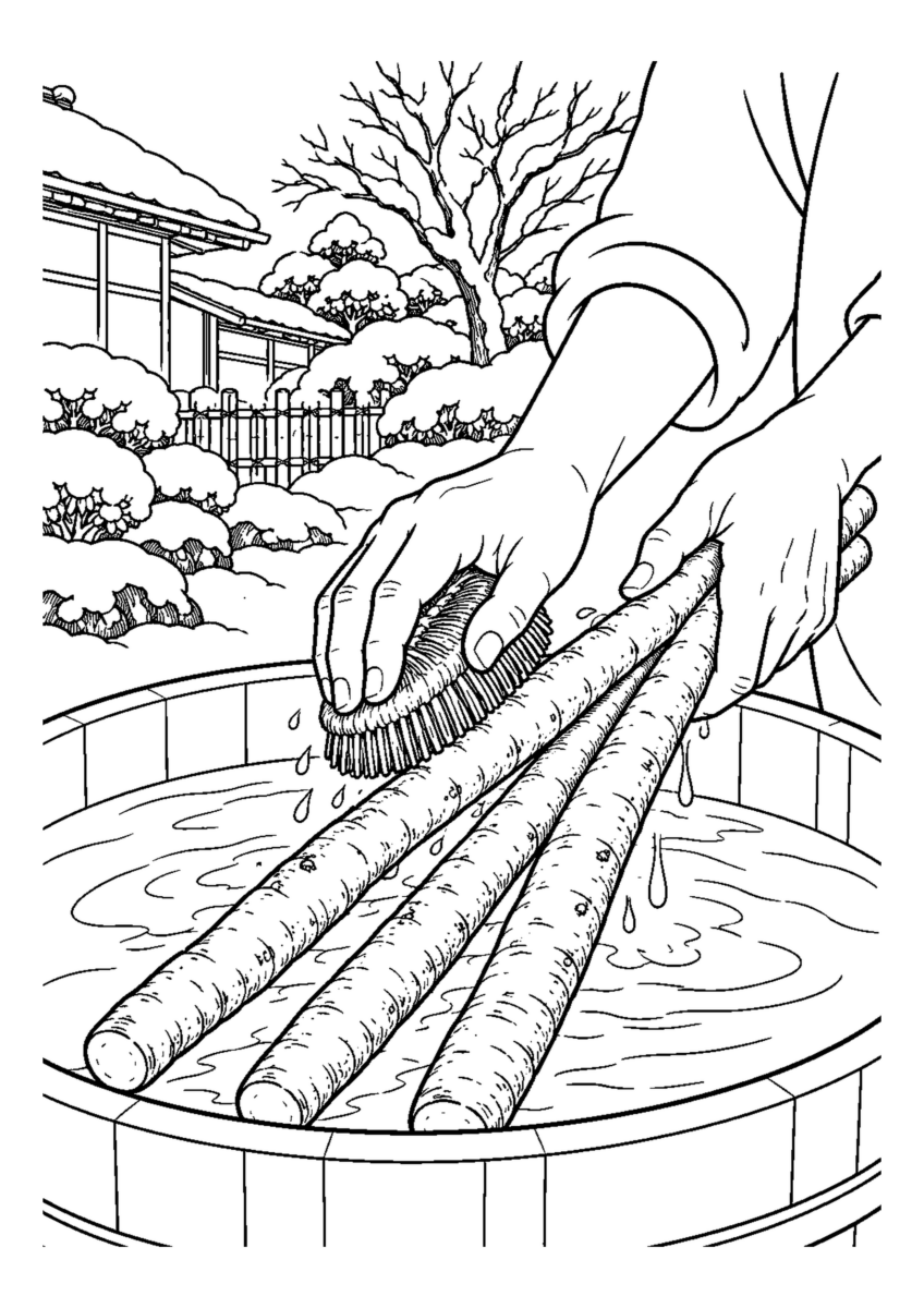 長いごぼう3本をたわしで洗う手元。白黒の高齢者向け塗り絵