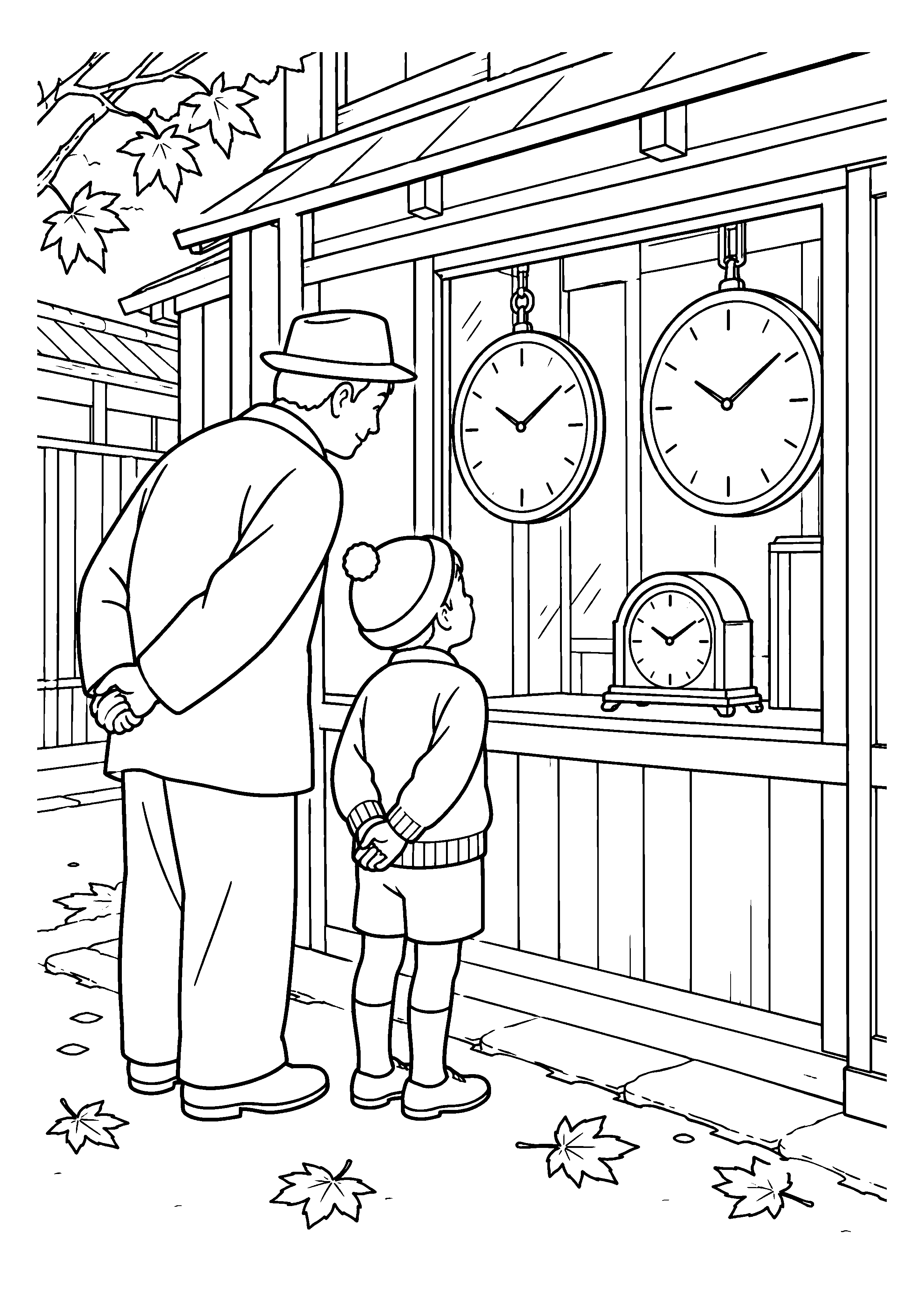 【１１月】時計屋の窓に並ぶ時計の塗り絵
