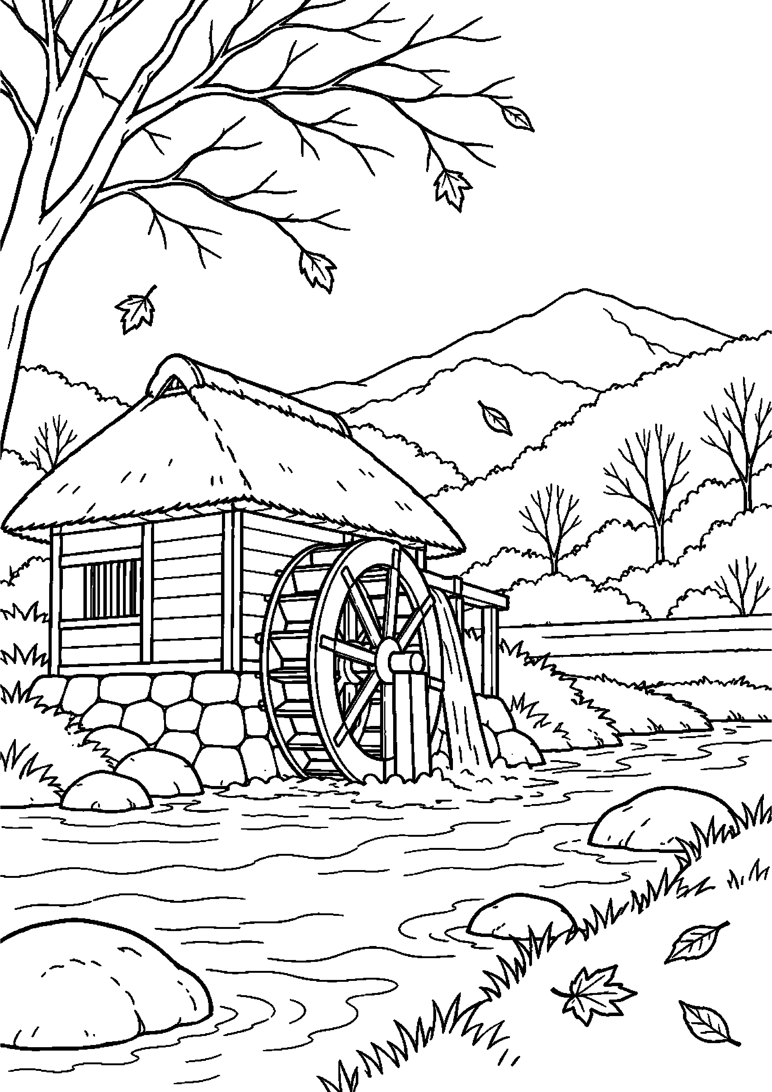 【11月】水車小屋と晩秋の山の塗り絵