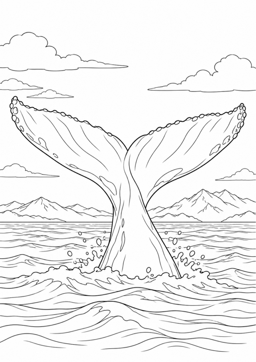 波間から尾を上げるクジラを描いた高齢者向けの白黒線画塗り絵