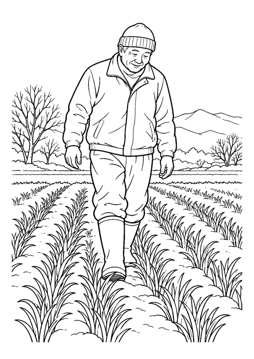若い麦の畝を長靴で踏み進む農家1人。白黒の高齢者向け塗り絵