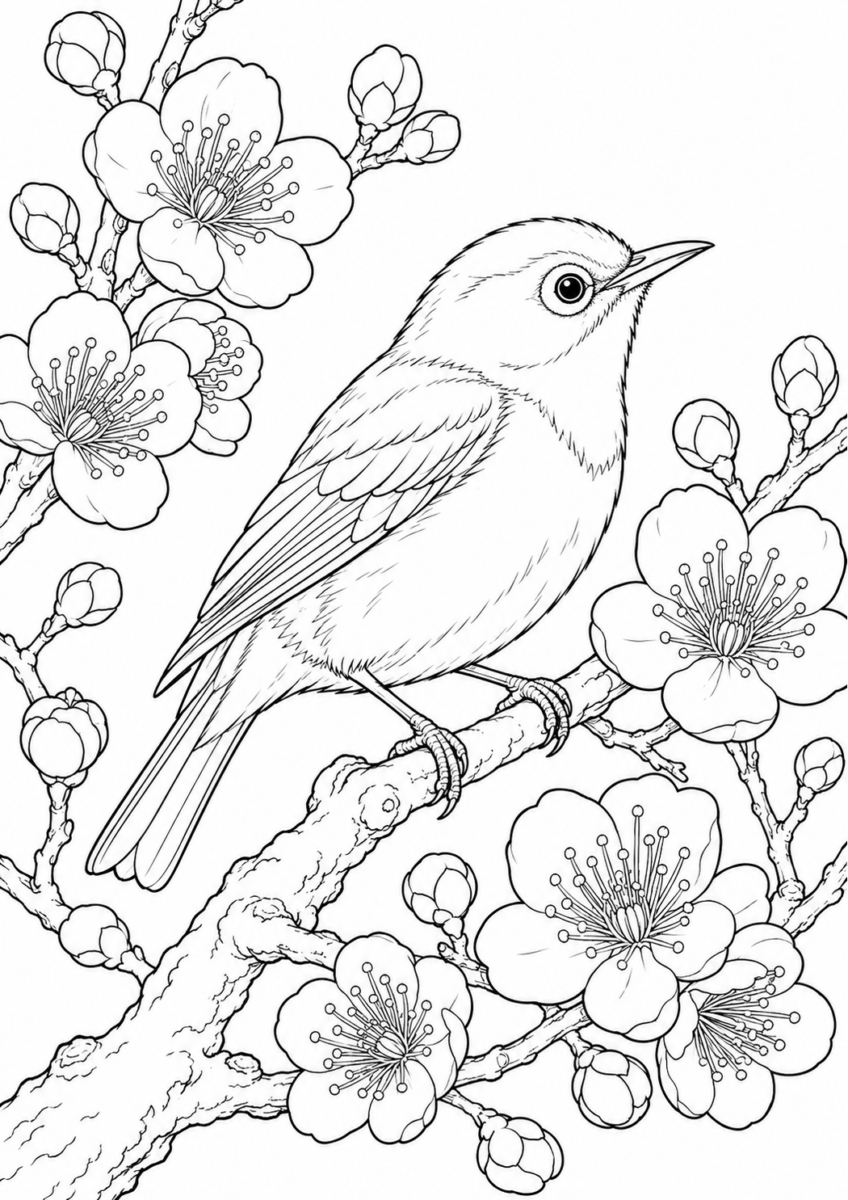 梅の枝のメジロを描いた高齢者向けの白黒線画塗り絵