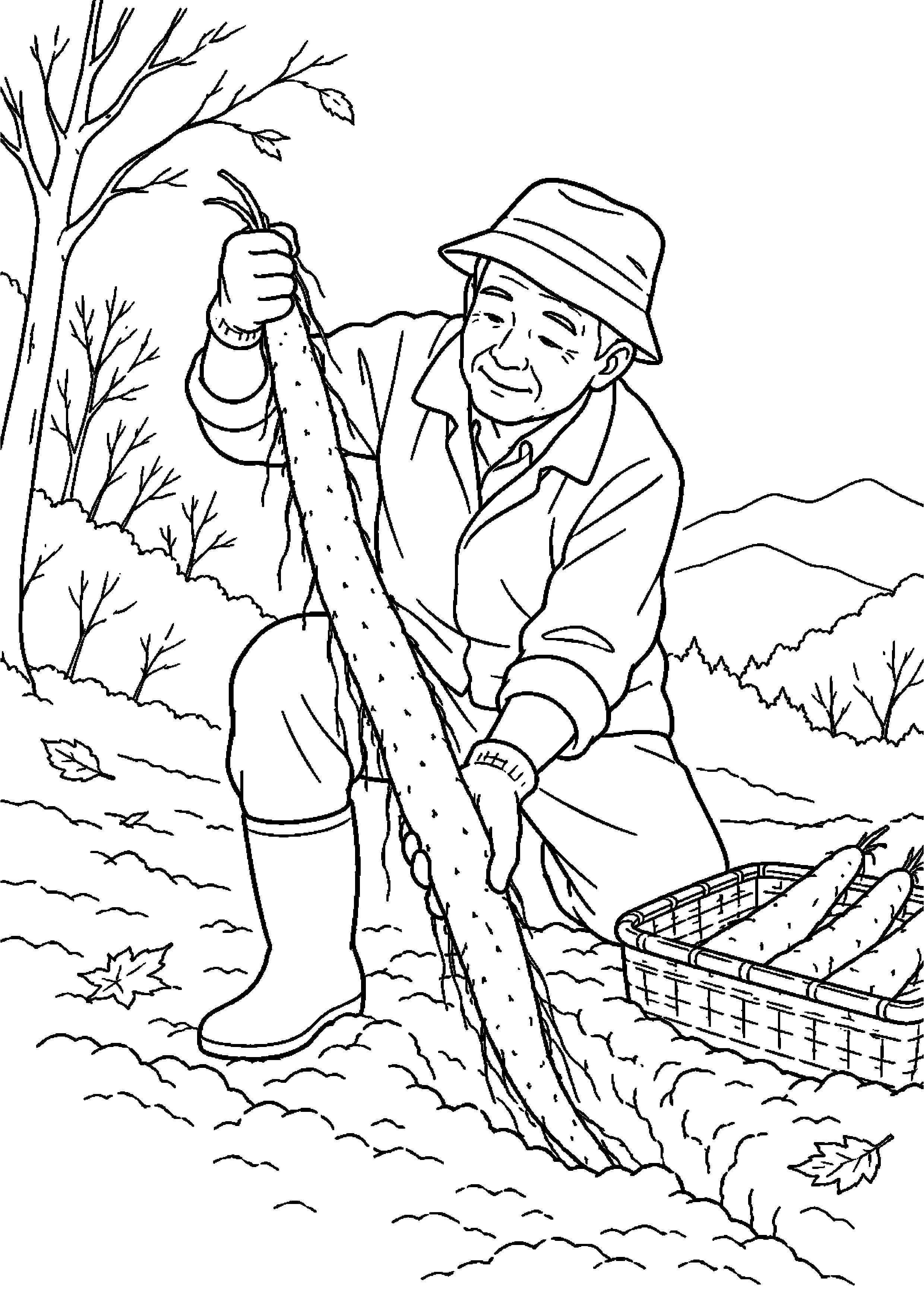落葉した山際で自然薯を長く掘り出す高齢者向けの白黒塗り絵