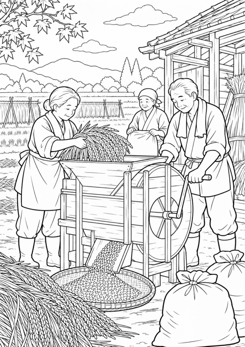 唐箕で籾を選ぶを10月の場面として描いた高齢者向けの白黒線画塗り絵