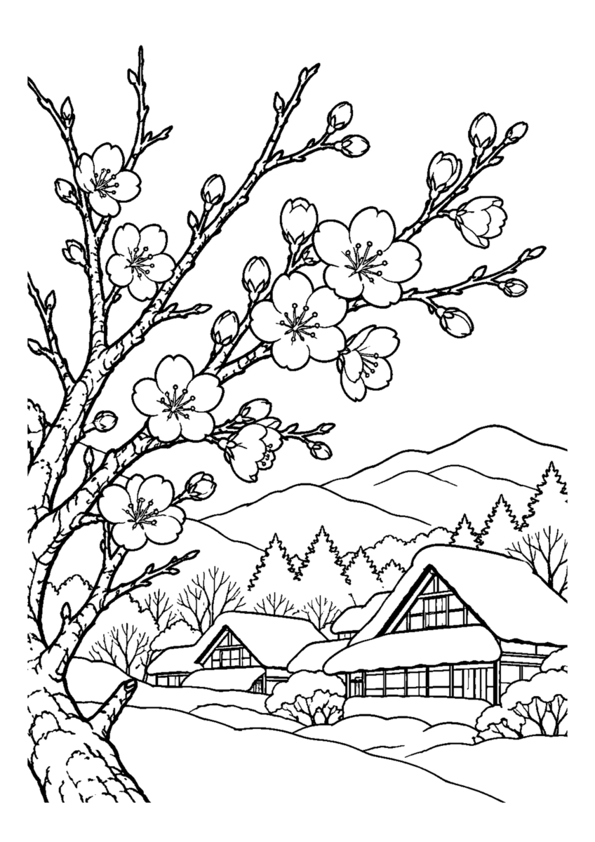葉の少ない枝に小さな冬桜が咲き、山里の屋根を背景にする。白黒の高齢者向け塗り絵