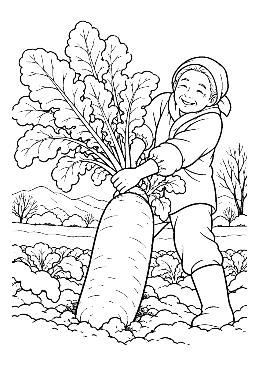 太い大根を畑から引く人物1人、葉を大きく描く。白黒の高齢者向け塗り絵